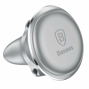 Baseus logosu bulunan metalik gümüş renkli araç telefon tutucu.