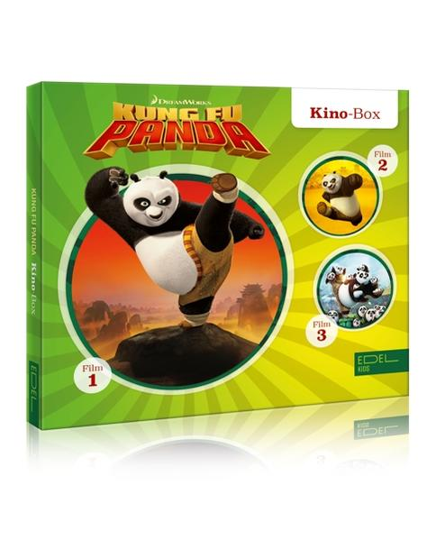 Kung Fu Panda Filmbox-Set. Ein Panda tritt, mit anderen Panda-Bildern auf der Box.