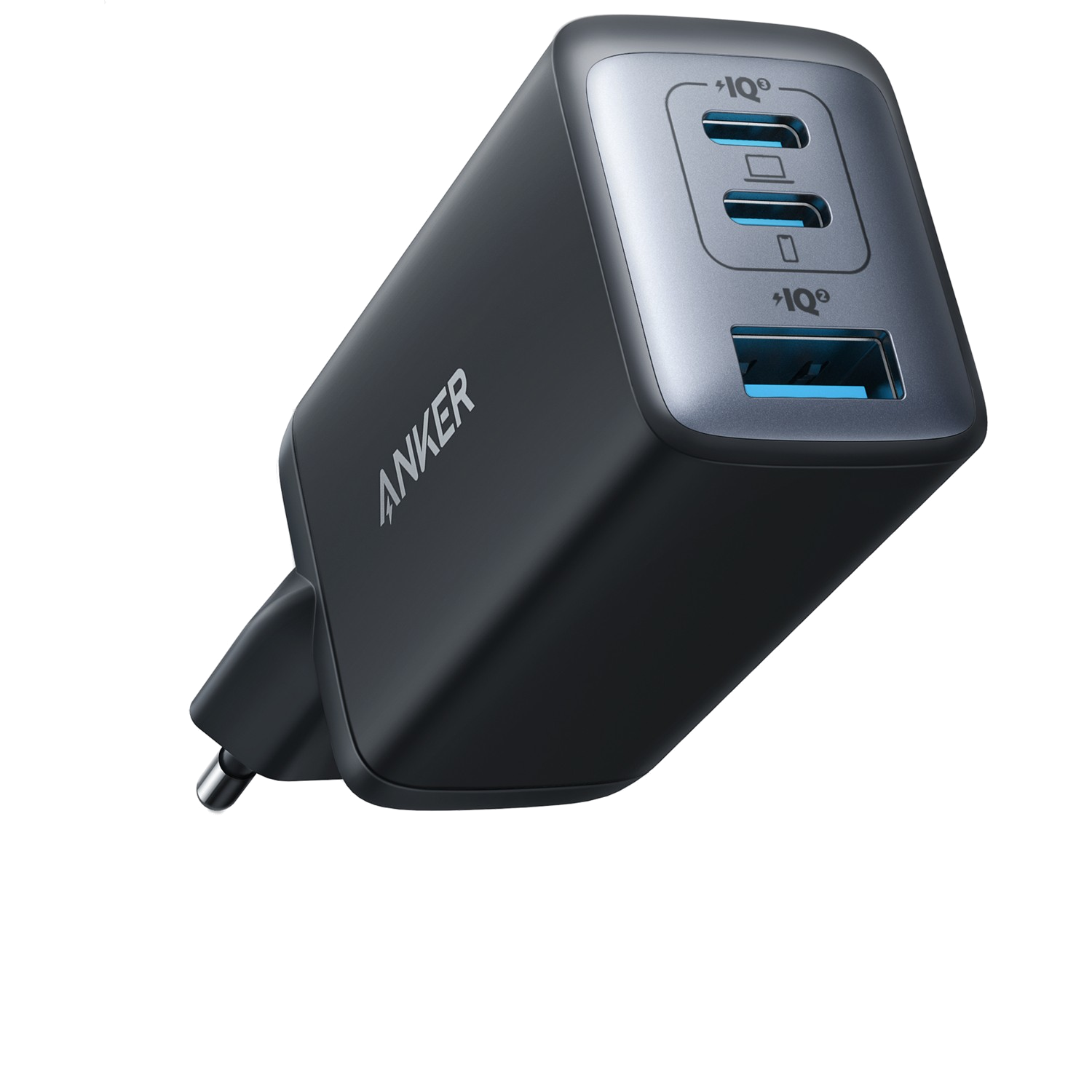 İki USB portlu siyah Anker şarj cihazı. Siyah arka plan.