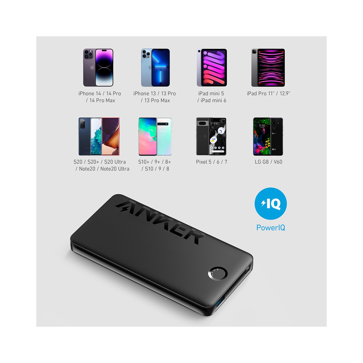 Telefon ve tablet simgeleriyle siyah bir güç bankası. Metin: ANKER. Metin: PowerIQ. Beyaz arka plan.