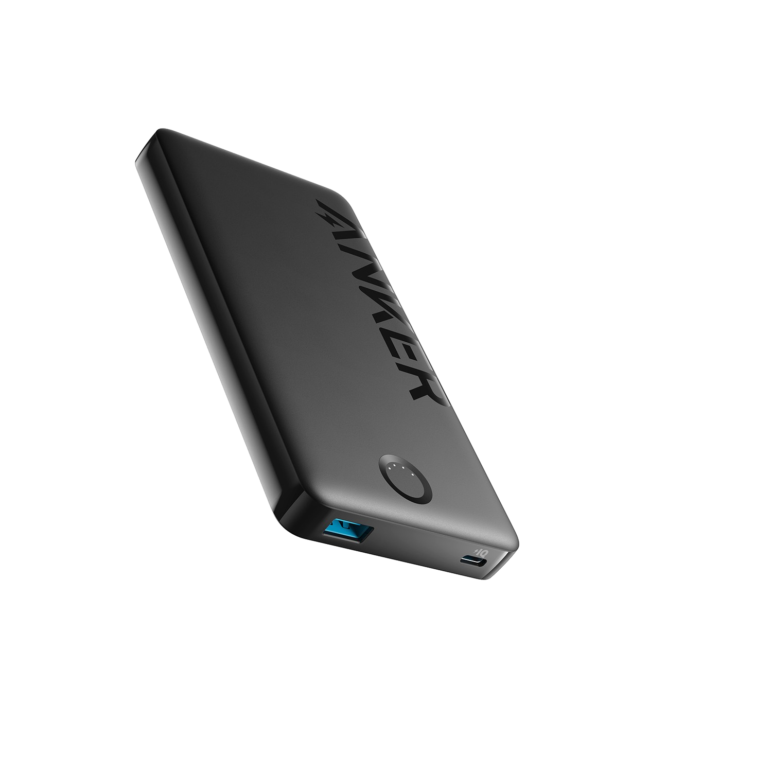 Siyah Anker powerbank. Bir USB-C bağlantı noktası ve bir USB bağlantı noktası vardır.
