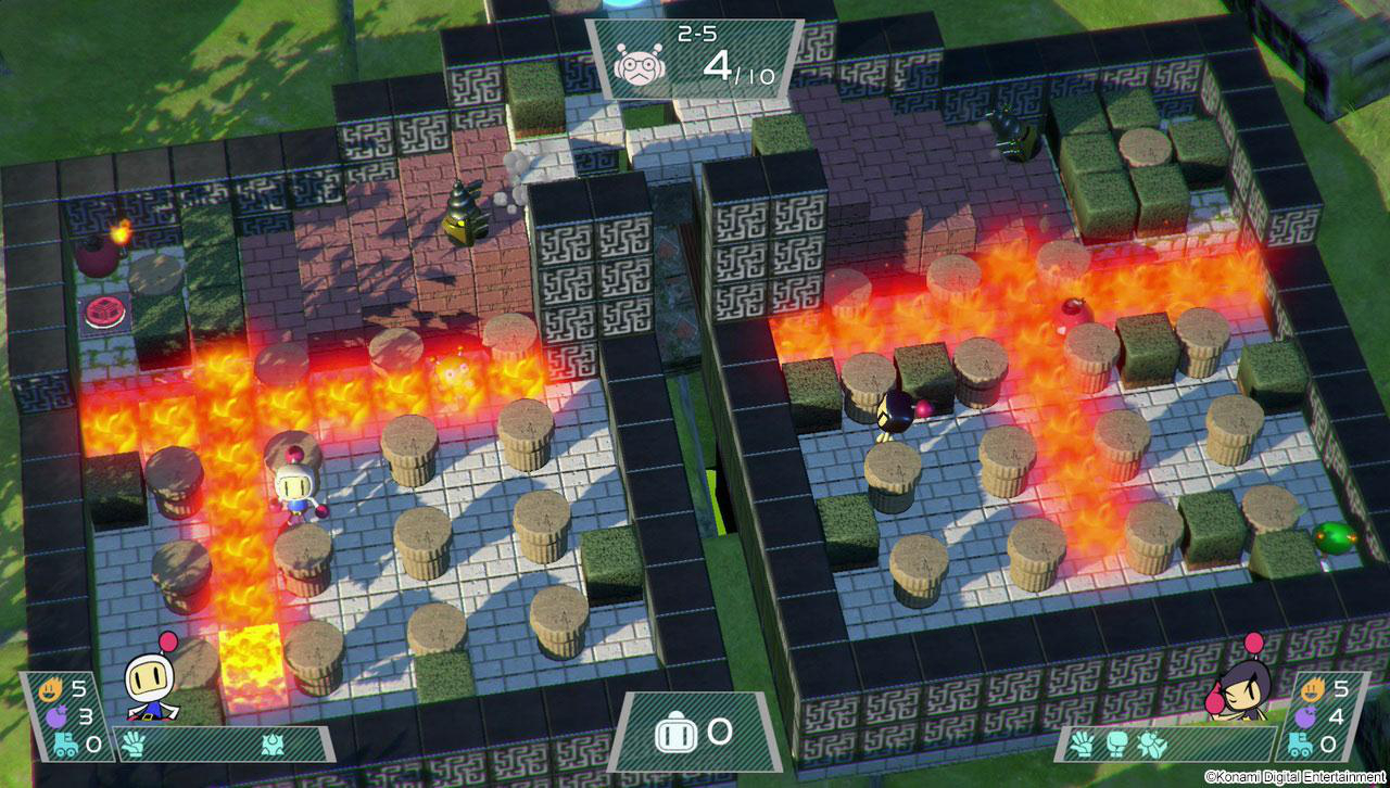 Draufsicht auf ein Bomberman-Spiel. Spieler sind auf einem Raster in einem Labyrinth, mit Explosionen.