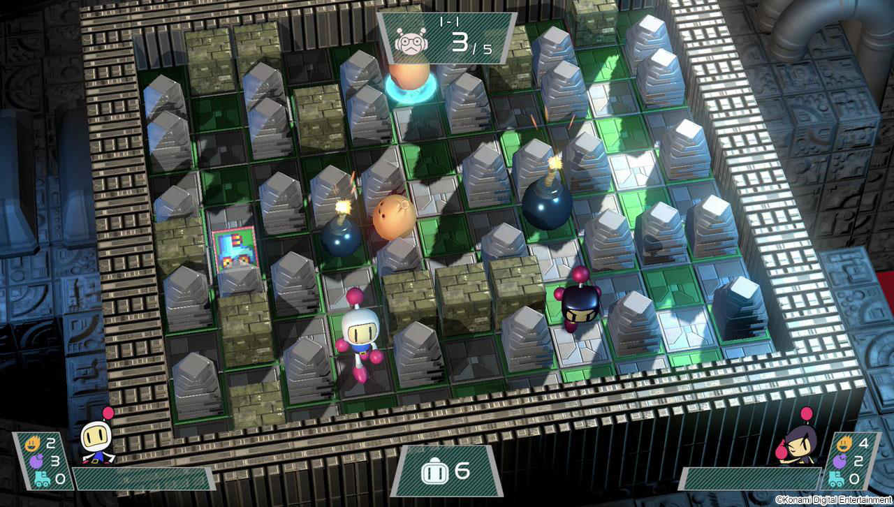 Bomberman-Spielbildschirm. Raster mit Blöcken, Bomben und Charakteren. Spieler in Ecken.