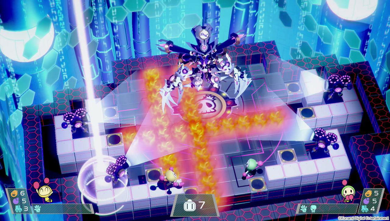 Eine Draufsicht auf ein Videospiel-Level mit Charakteren und Explosionen. Blaues und weißes Design.