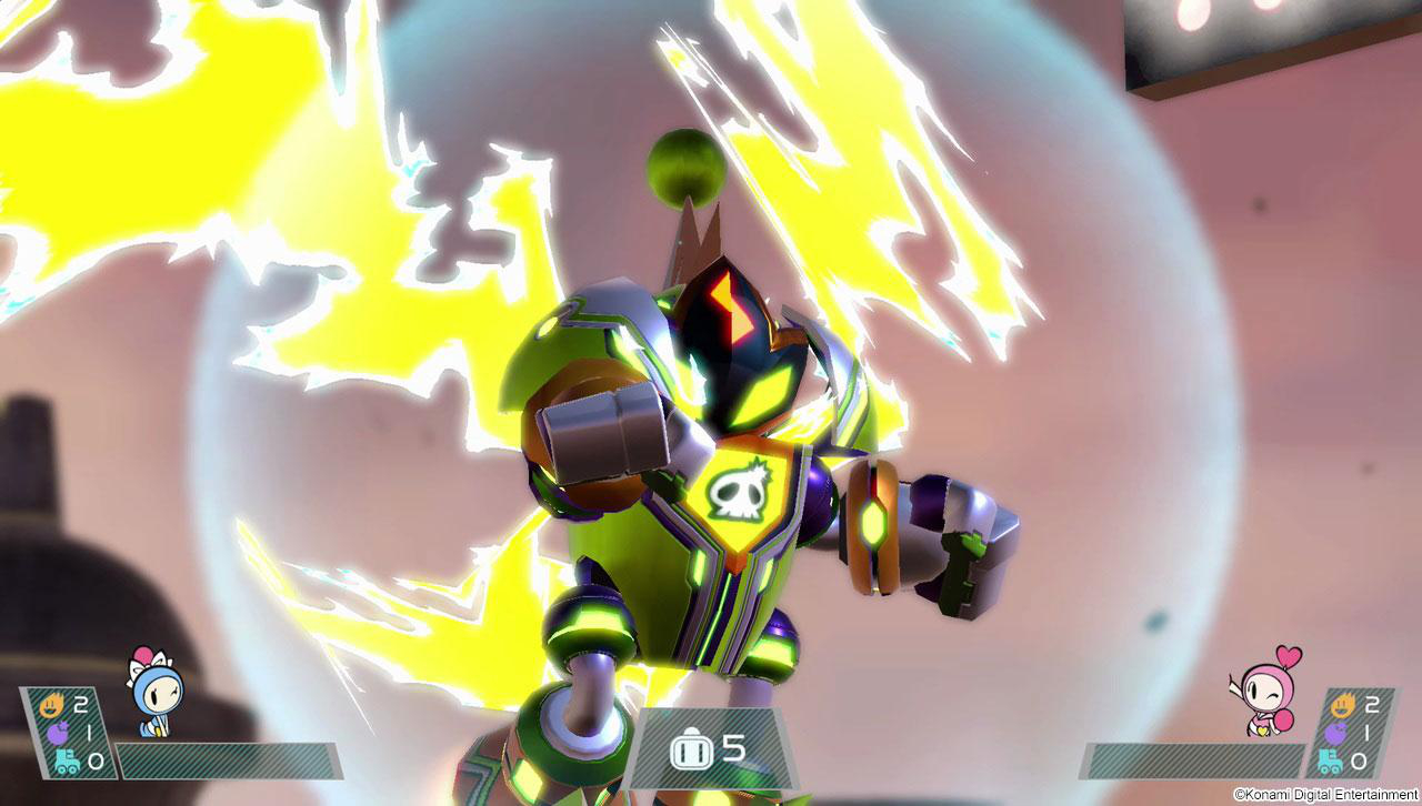Ein roboterartiger Charakter in einem Spiel mit gelbem Energieblitz.
