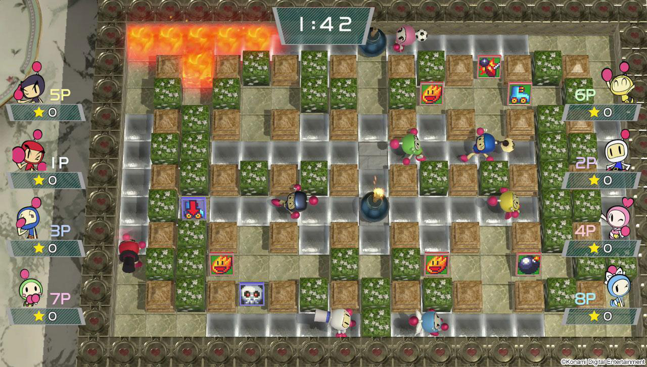 Eine Draufsicht auf ein Bomberman-Spiel im Gange. Mehrere Charaktere befinden sich auf einer rasterbasierten Karte.