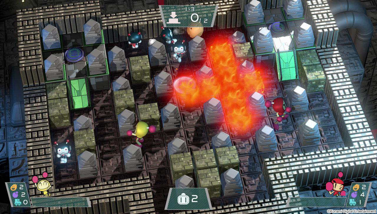 Bomberman-Spielszene mit mehreren Charakteren und Feuer in der Mitte.