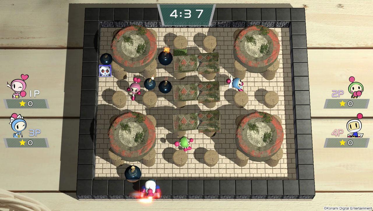 Ein Bomberman-Spielbildschirm mit vier Charakteren auf einem Raster, mit Bomben und Explosionen.