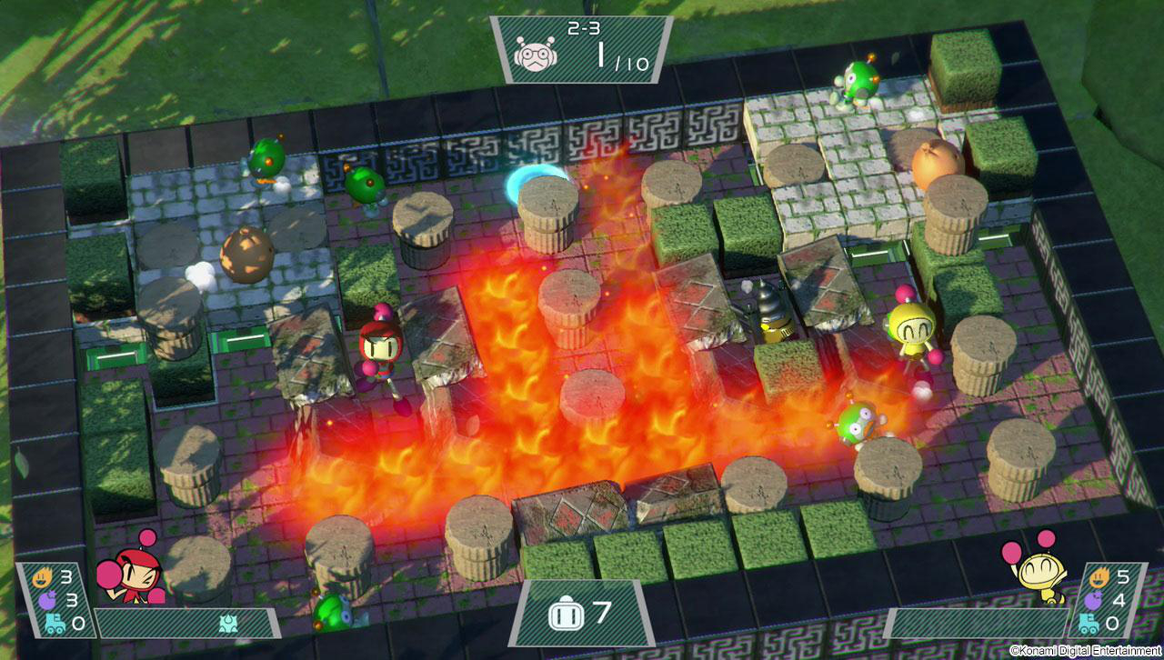 Eine Draufsicht auf ein Videospiel-Level mit Charakteren und Lava. Grünes und braunes Design.