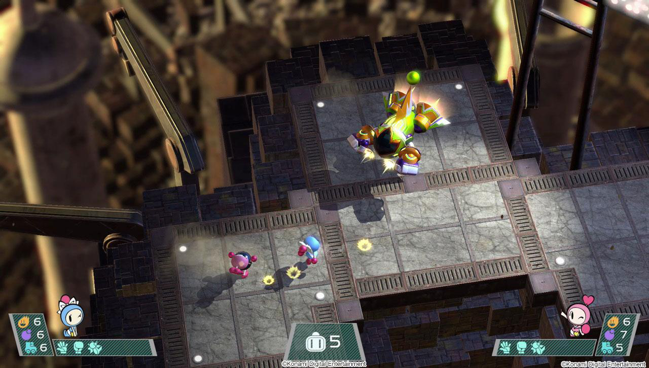 Eine Draufsicht auf ein Videospiel-Level mit Charakteren und Strukturen. Graues und braunes Design.