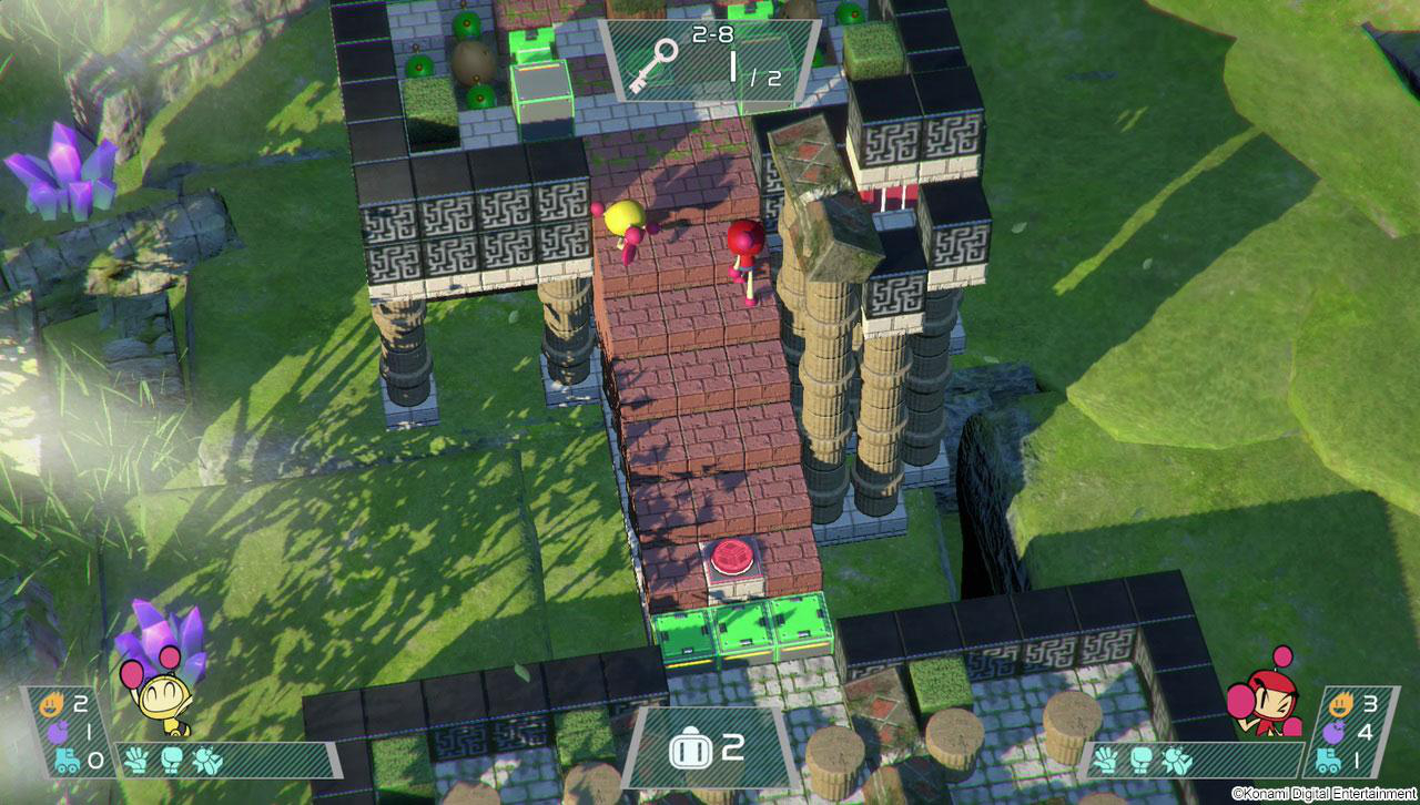 Spieler interagieren in einer Draufsicht auf ein lebendiges Videospiellevel.