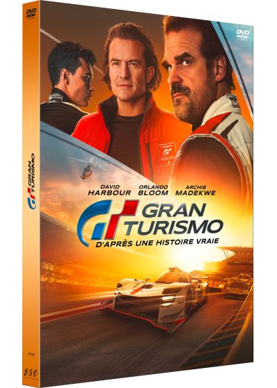 DVD-hoes voor de film Gran Turismo, met David Harbour, Orlando Bloom en Archie Madekwe.