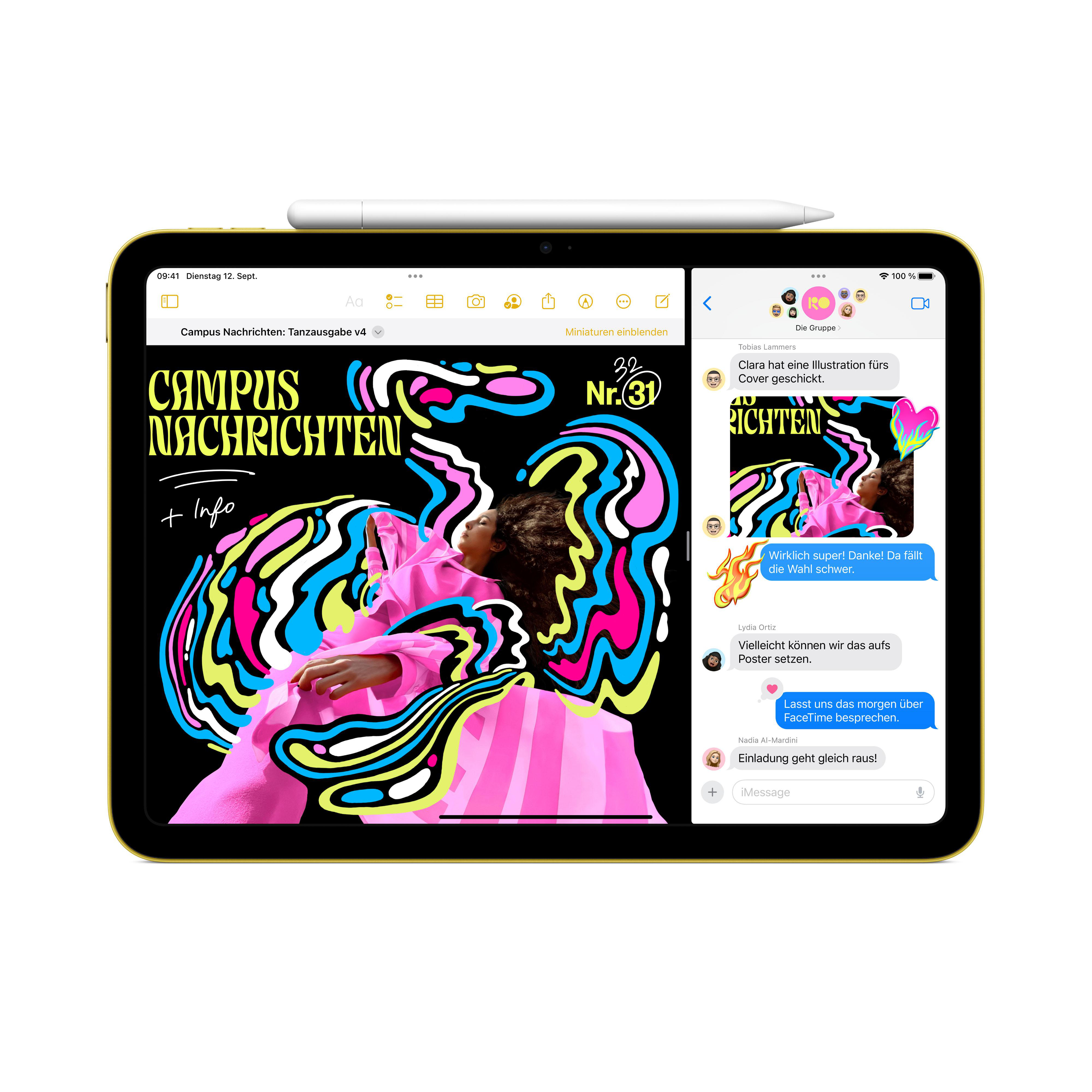 Gelbes Tablet zeigt Bildschirm mit Texten und Grafiken, Stift oben drauf.