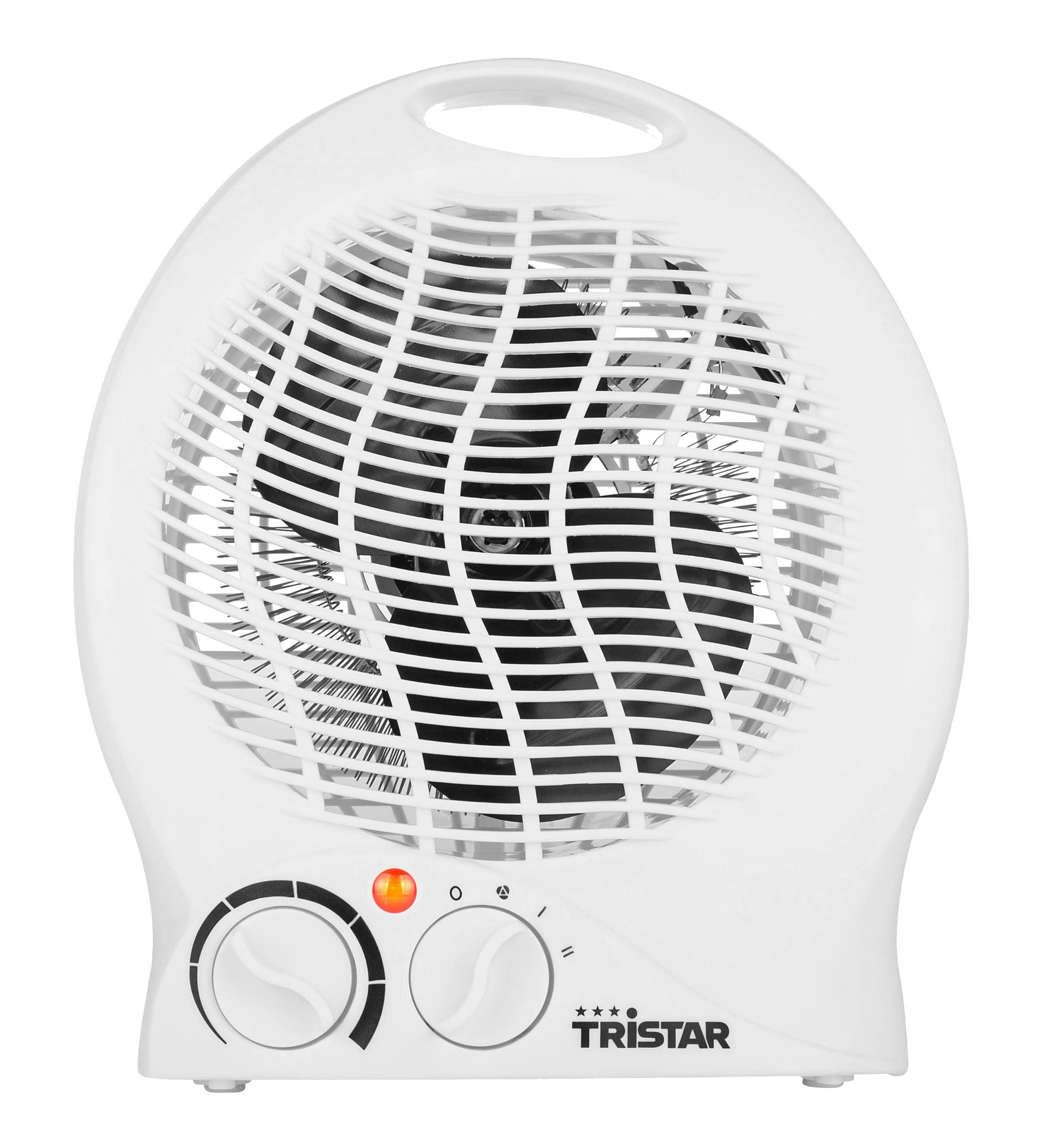 Weißer Tristar-Heizlüfter. Zwei Drehregler, ein orangefarbenes Licht und ein Ventilator. Schwarze Lüfterblätter.