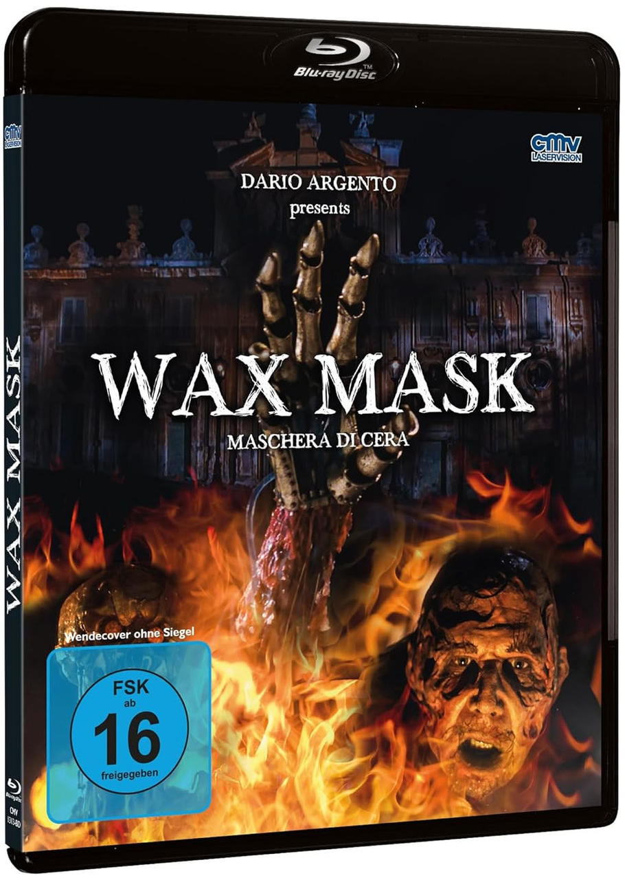 Blu-ray-Disc-Cover für den Film Wax Mask. Es zeigt eine feurige Szene mit einer Hand und einem brennenden Gesicht.