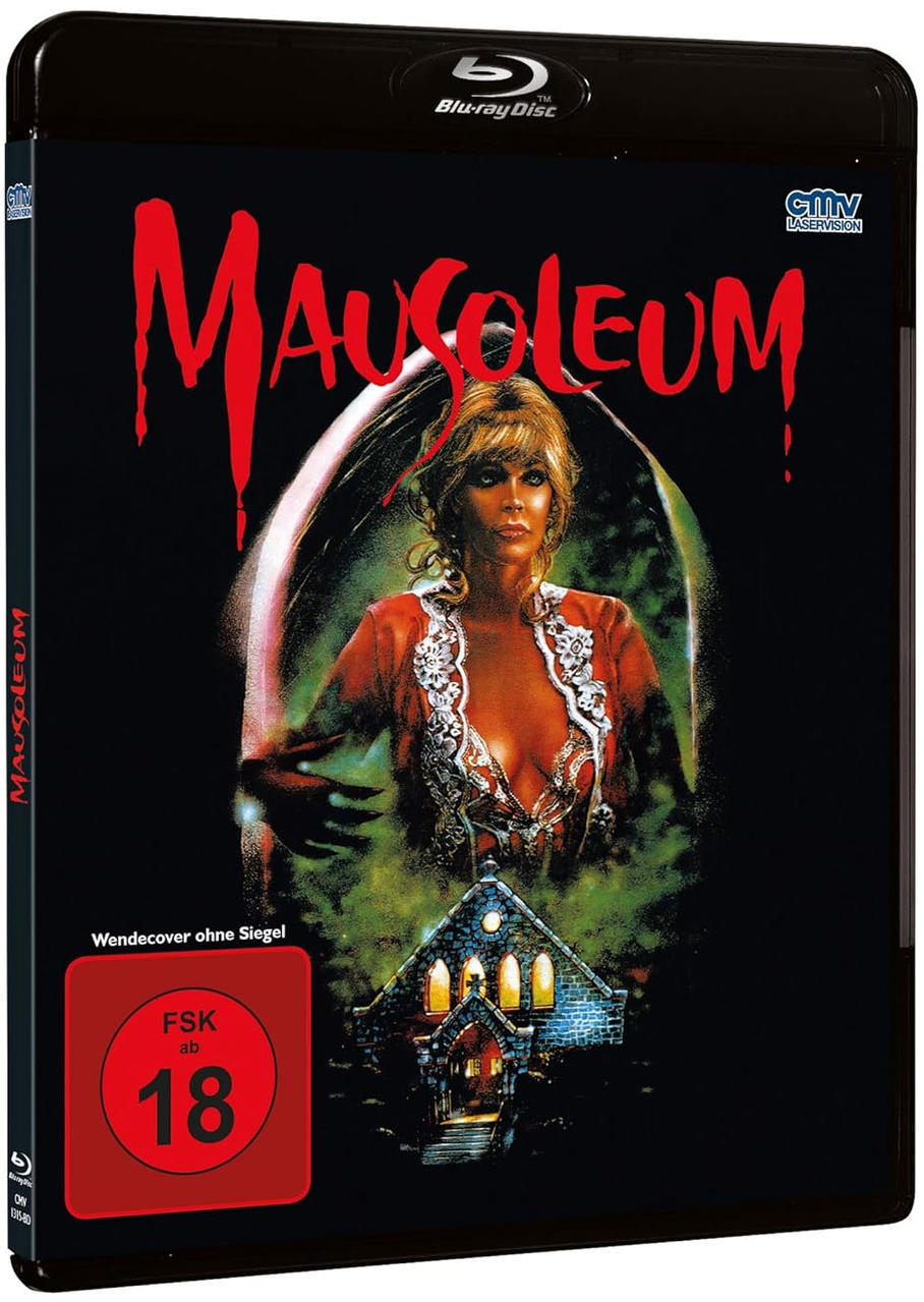 DVD-Hülle mit einer Frau in rotem Oberteil. Der Titel lautet 'Mausoleum' in Rot.