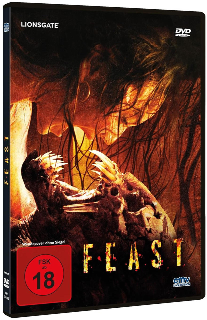 DVD-Hülle für den Film 'Feast'. Enthält ein Monster, das eine Person isst.
