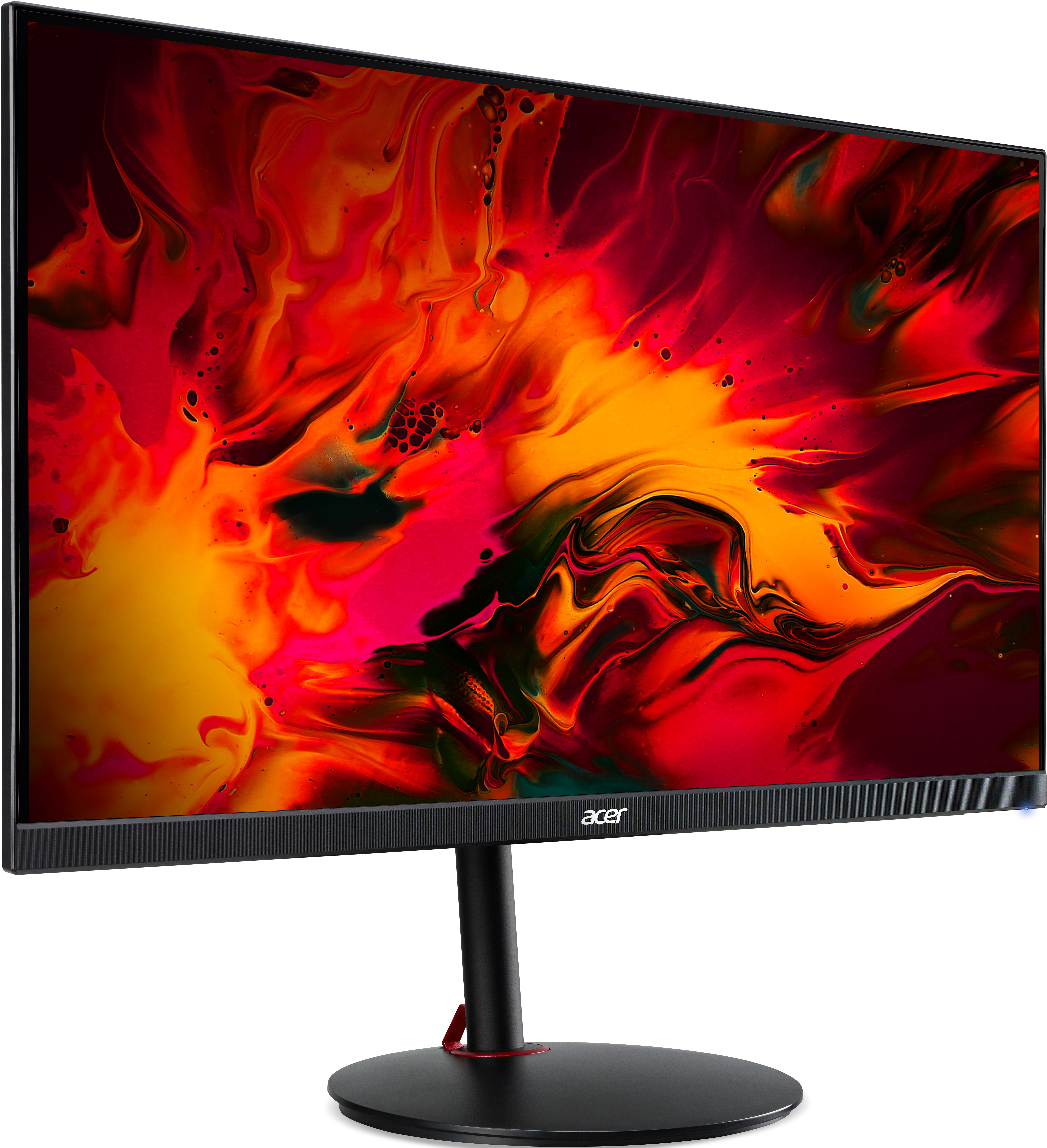 Ein Acer-Monitor zeigt ein lebendiges, abstraktes Bild in Rot, Orange und Gelb. Er hat einen schwarzen Fuß und Ständer, mit dem Acer-Logo.