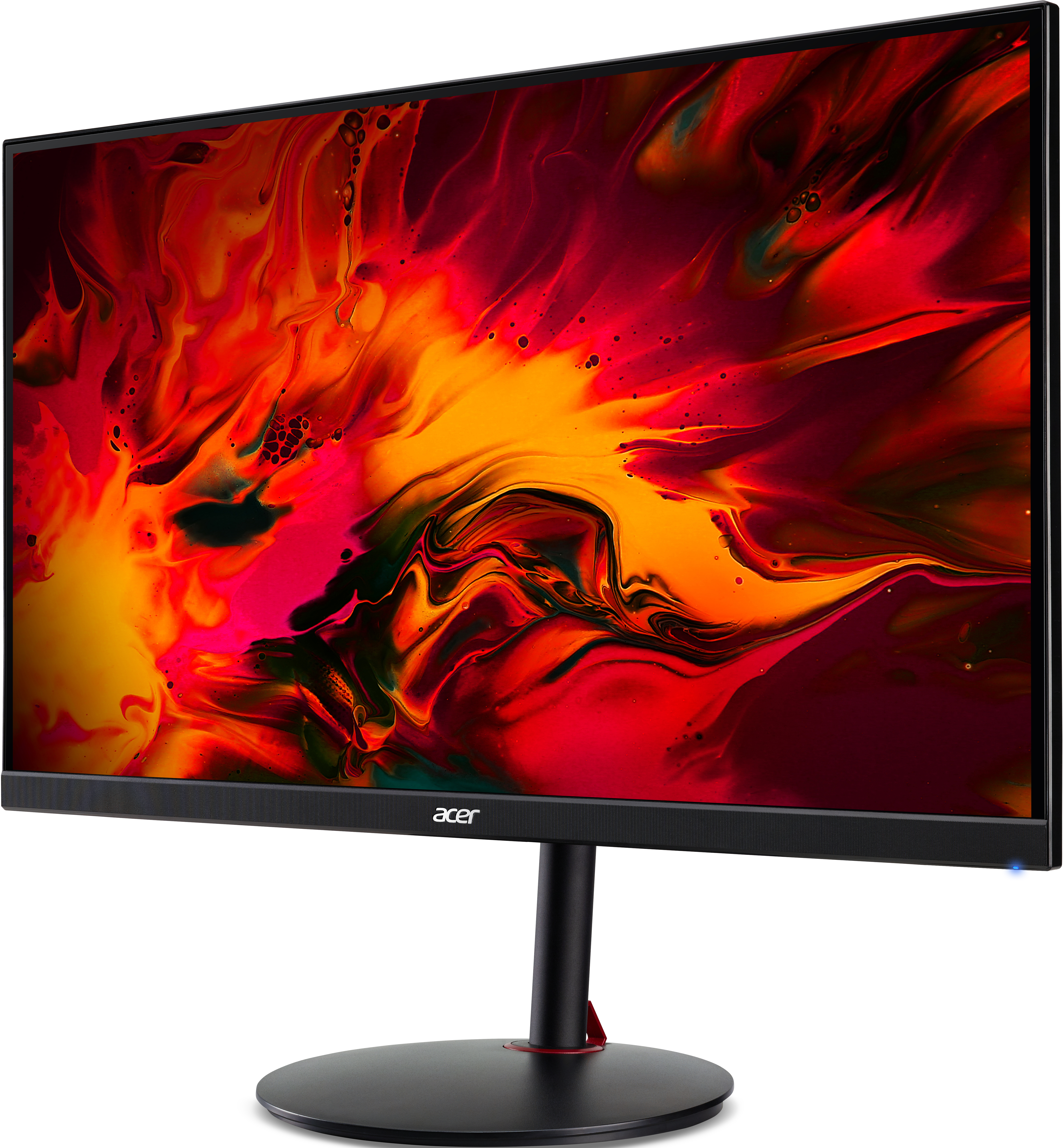 Ein Acer-Monitor zeigt ein abstraktes Bild in Rot und Orange. Der Monitor ist schwarz und hat einen schwarzen Ständer.