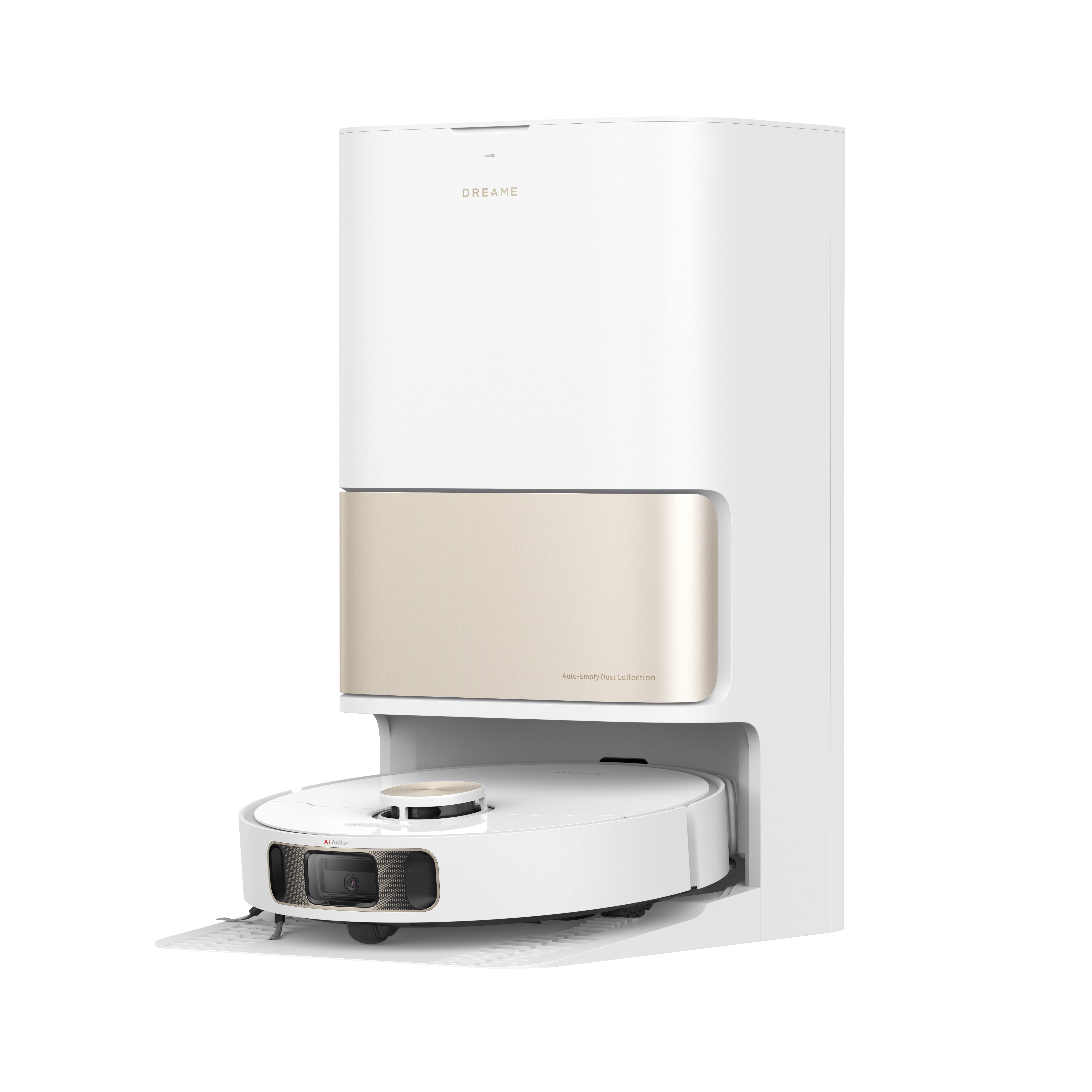 Ein weißer und goldener Roboter-Staubsauger mit Ladestation auf weißem Hintergrund.