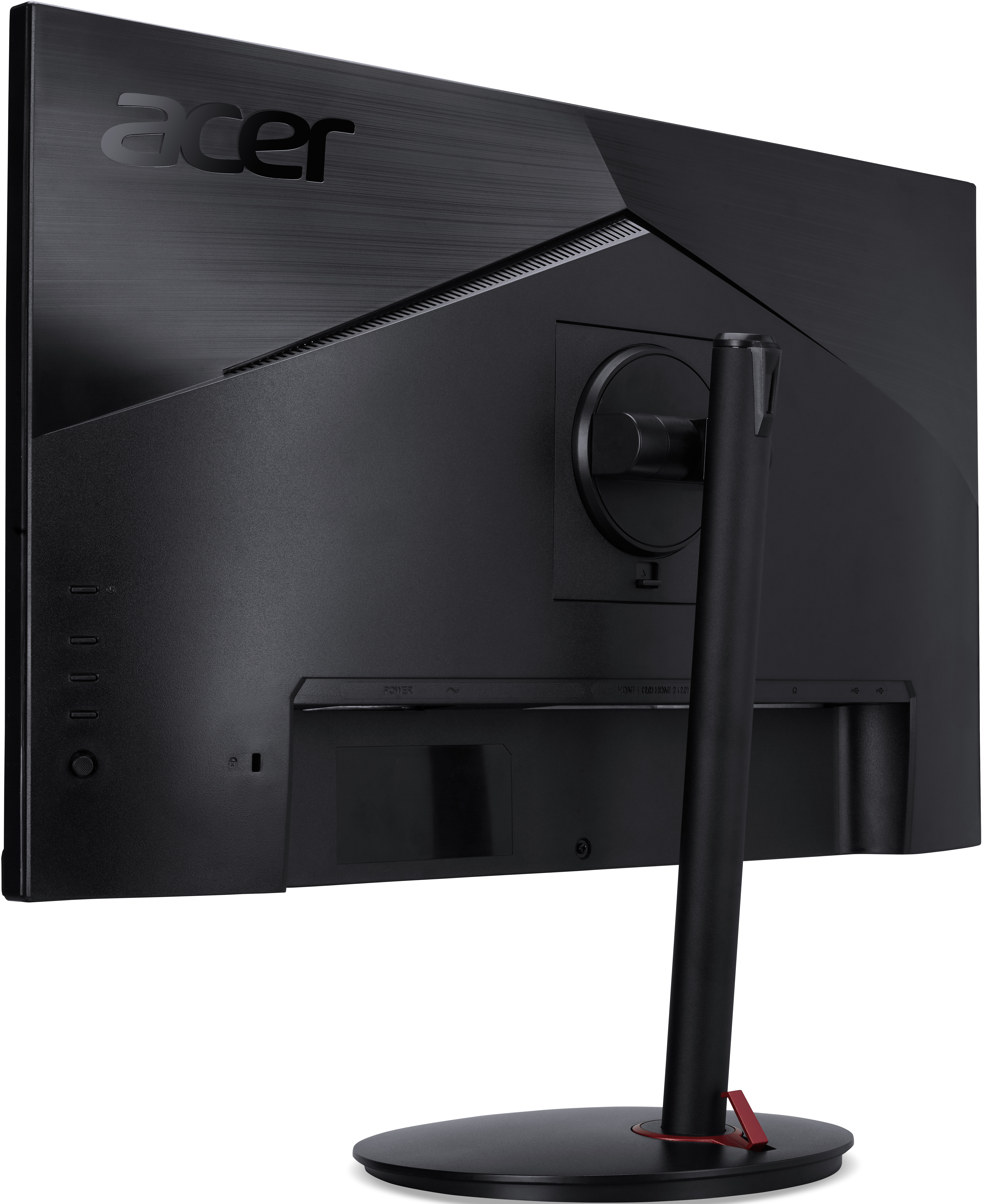 Rückseite eines schwarzen Monitors mit Acer-Logo. Es hat einen Ständer, Anschlüsse und ein kreisförmiges Merkmal.