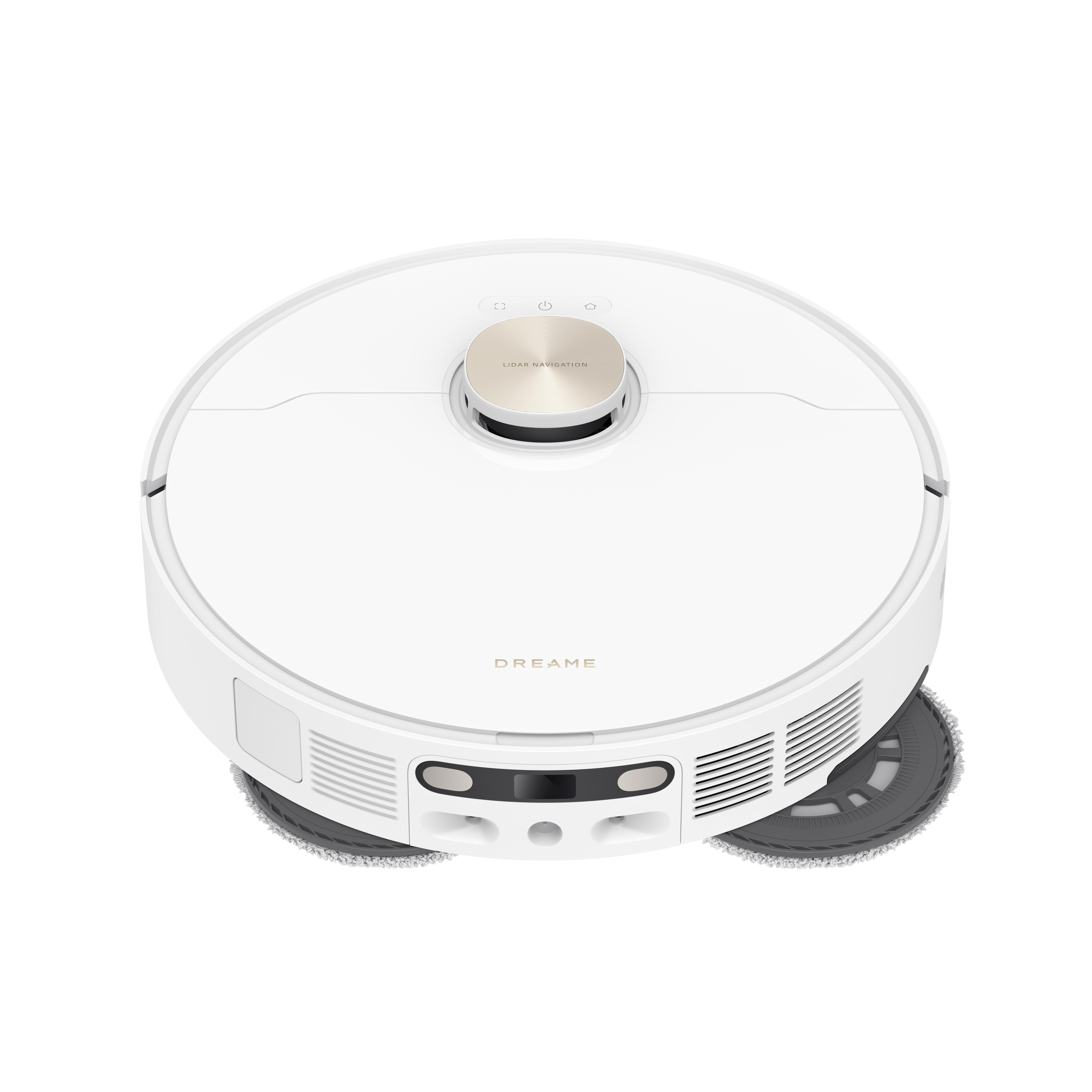 Ein weißer Dreame Roboter-Staubsauger, aus der Vogelperspektive, mit angebrachten Reinigungspads.