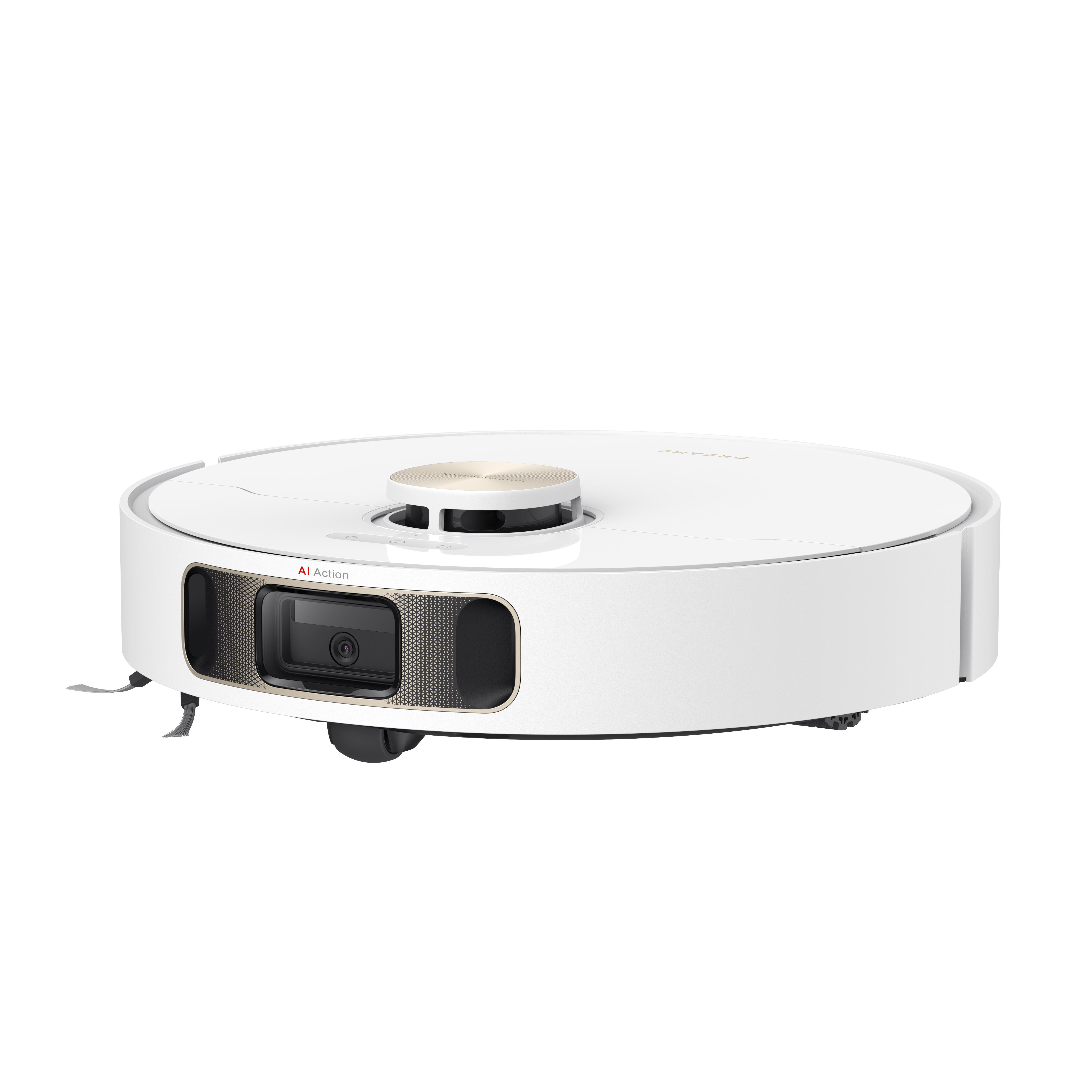 Weißer runder Roboter-Staubsauger, Draufsicht.
