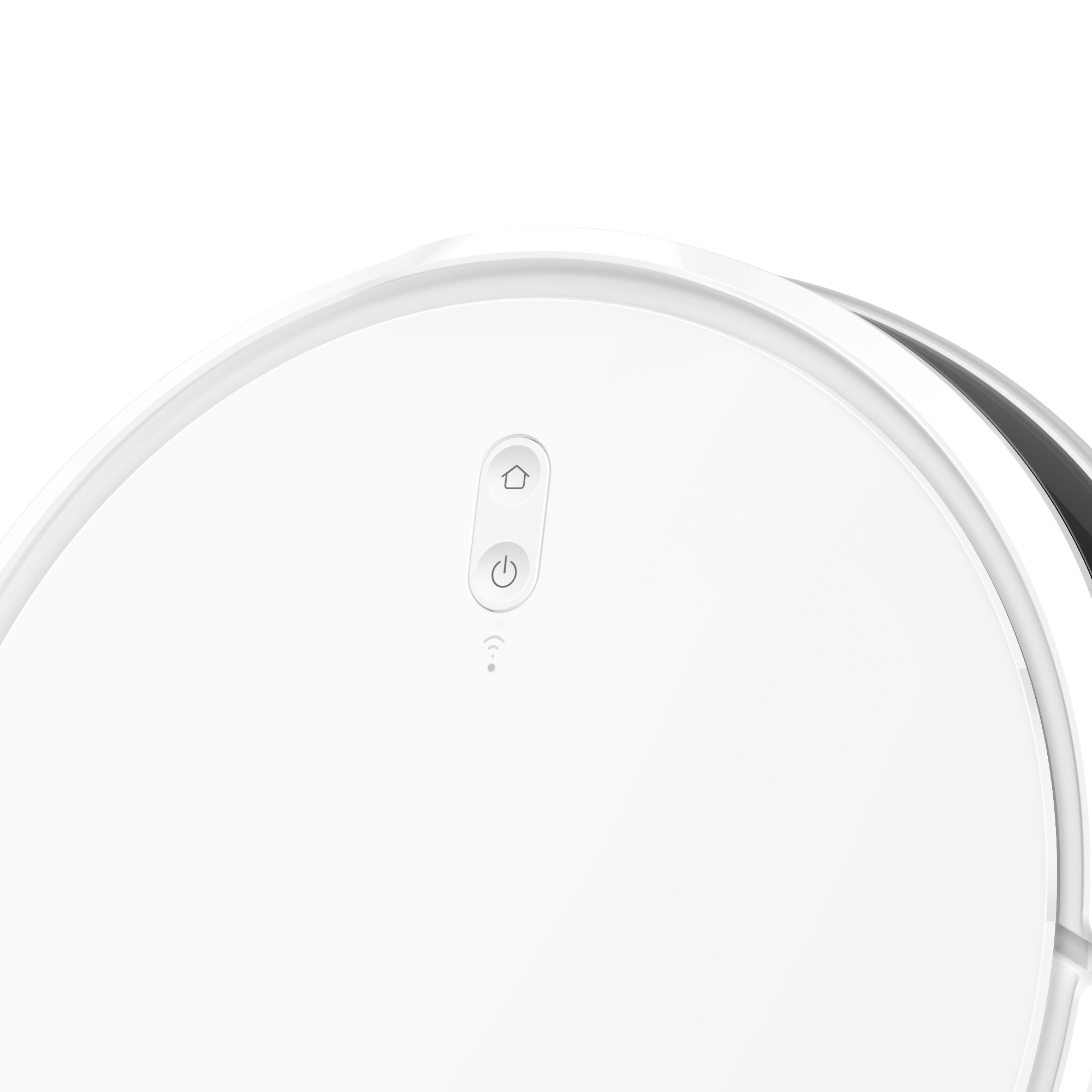 Ein weißer Roboter-Staubsauger mit Ein- und Ausschalt- und Wi-Fi-Anzeigetasten oben.
