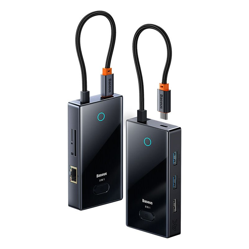 İki adet siyah Baseus USB hub, kablolarla, biri USB, diğeri USB-C konnektörlü.