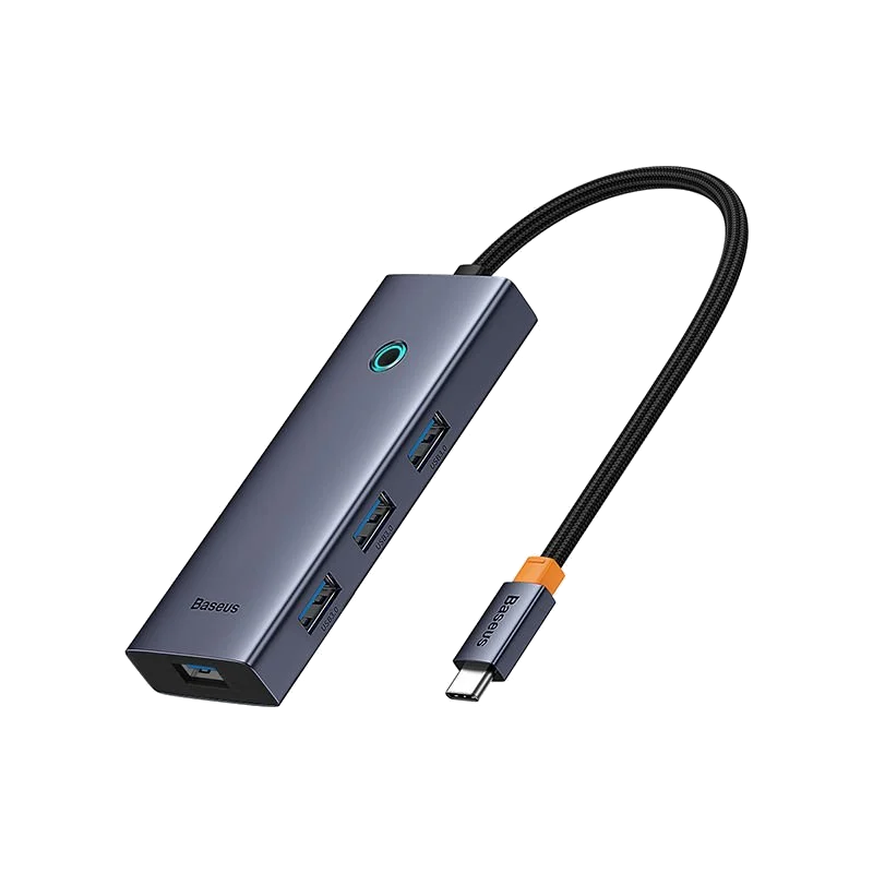 Gri Baseus USB hub, çoklu USB portları ve bir USB-C konektörü ile.