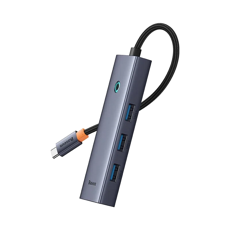 USB bağlantı noktaları ve bağlı bir kabloya sahip koyu gri bir USB hub.