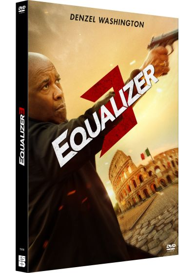 Couverture DVD pour Equalizer 3. Présente Denzel Washington tenant une arme, avec une ville et le Colisée en arrière-plan.