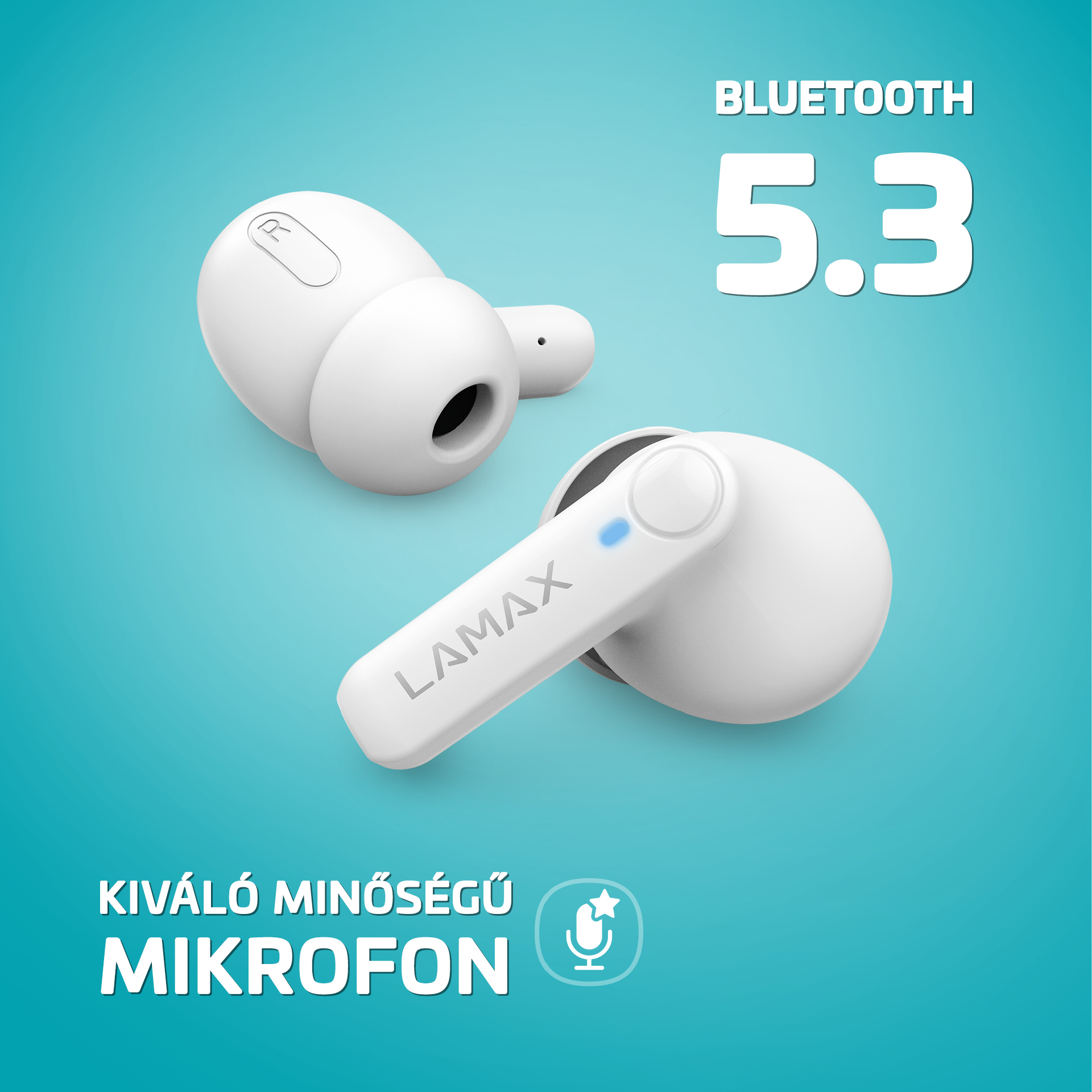 Fehér vezeték nélküli fülhallgató kék akcentussal, a szöveg: Bluetooth 5.3, mikrofon.