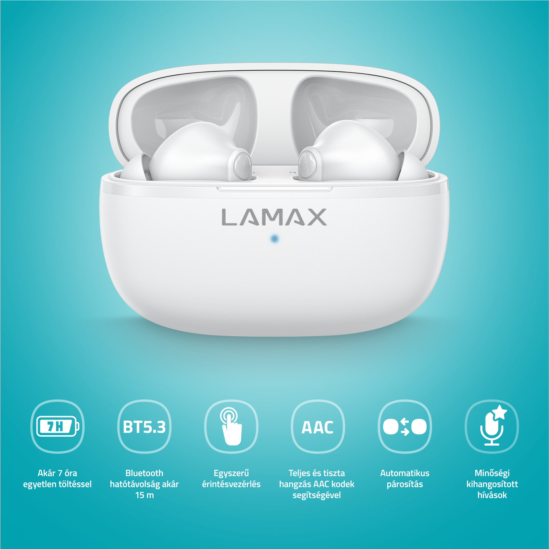 Fehér fülhallgatók egy töltőtokban. Szöveg és ikonok, amelyek részletezik a funkciókat, mint például az akkumulátor élettartama és a Bluetooth.