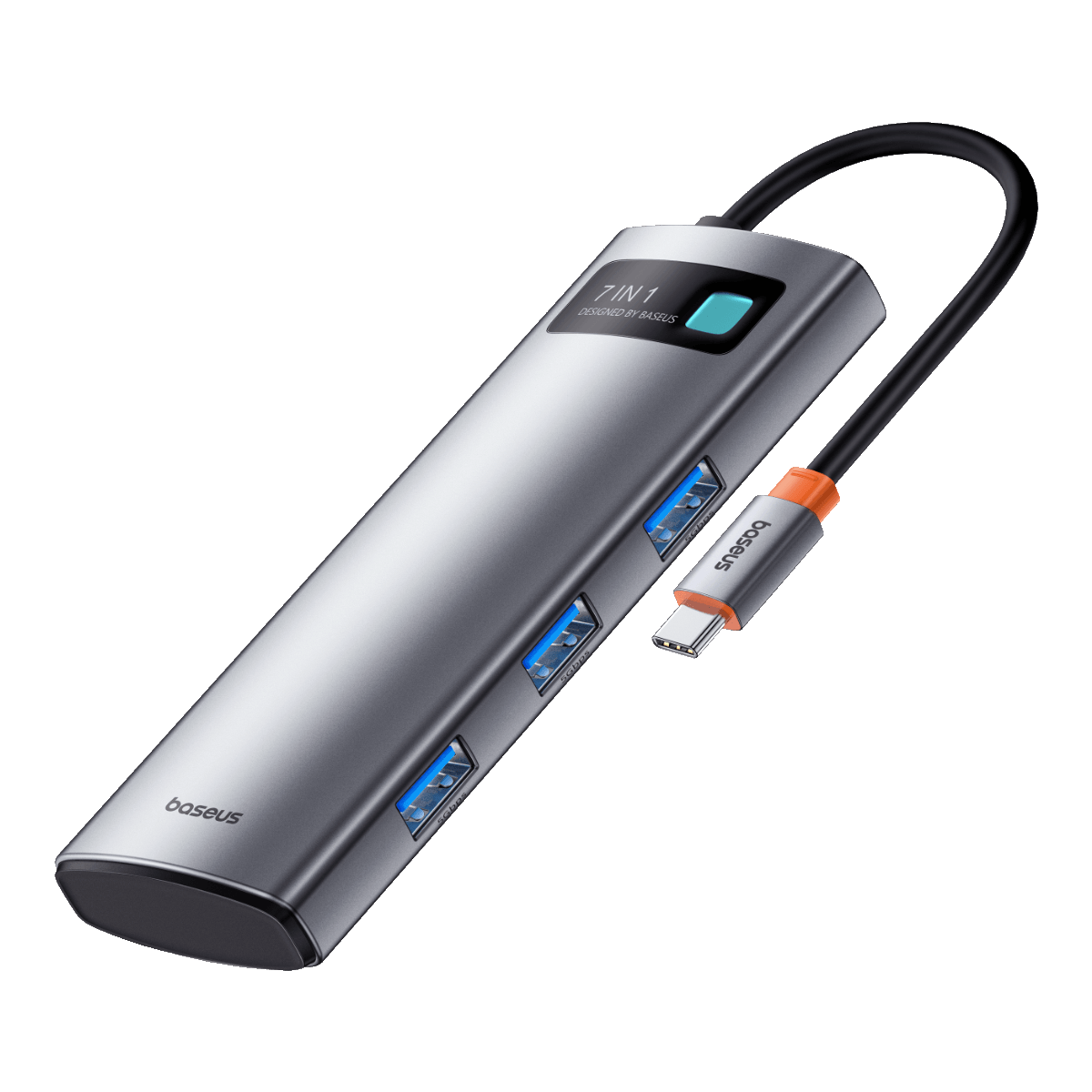 Çoklu bağlantı noktalarına ve siyah kabloya sahip gümüş 7'si 1 arada USB hub.