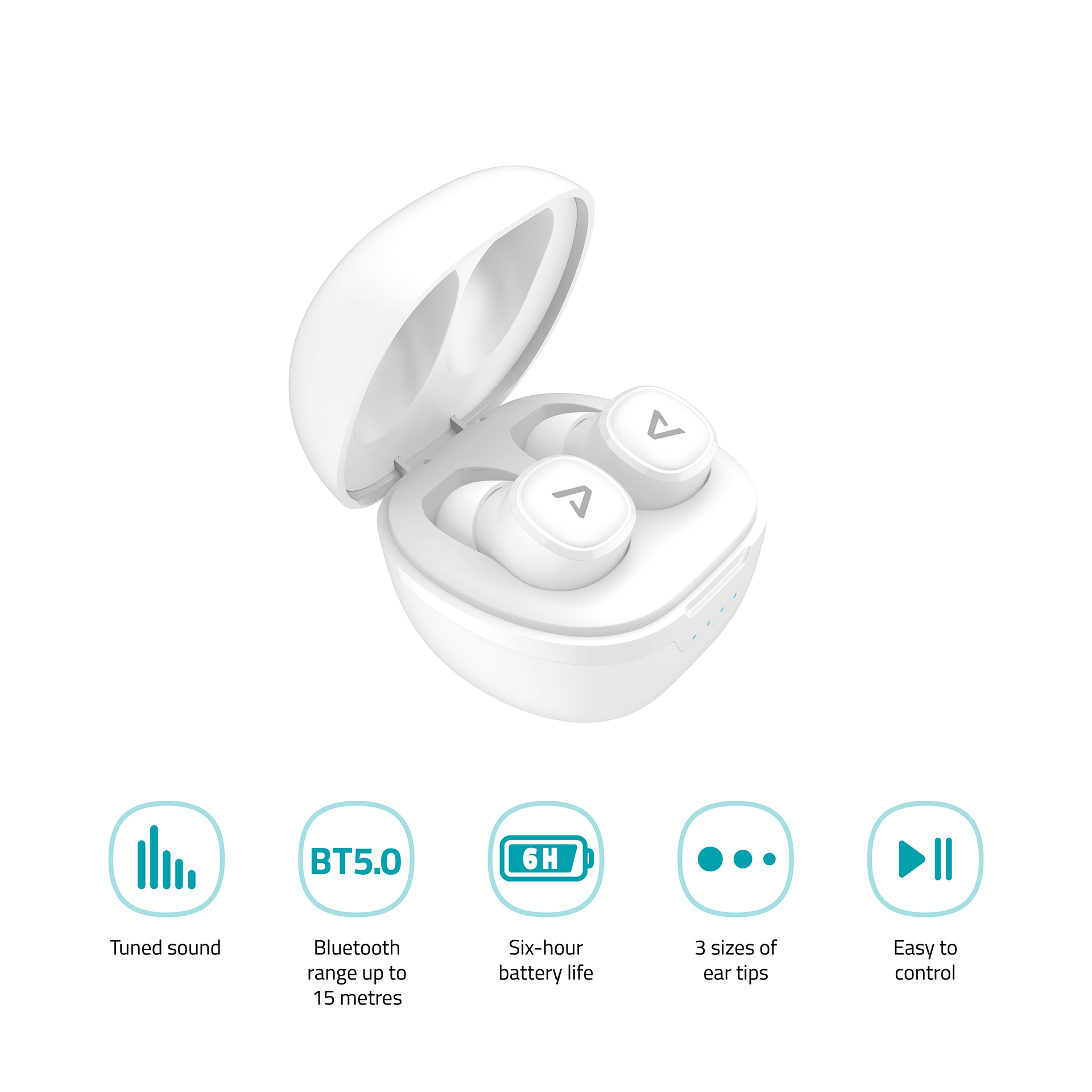 Fehér fülhallgató fehér tokban. Jellemzők: Bluetooth, akkumulátor-élettartam, több füldugó méret.