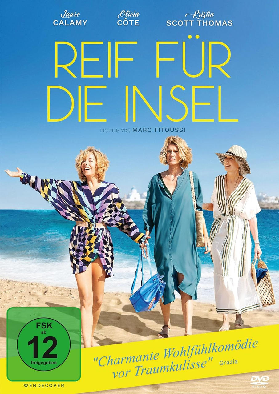 Filmposter mit drei Frauen am Strand. Blauer Himmel mit Text. Gelbe und blaue Farben.