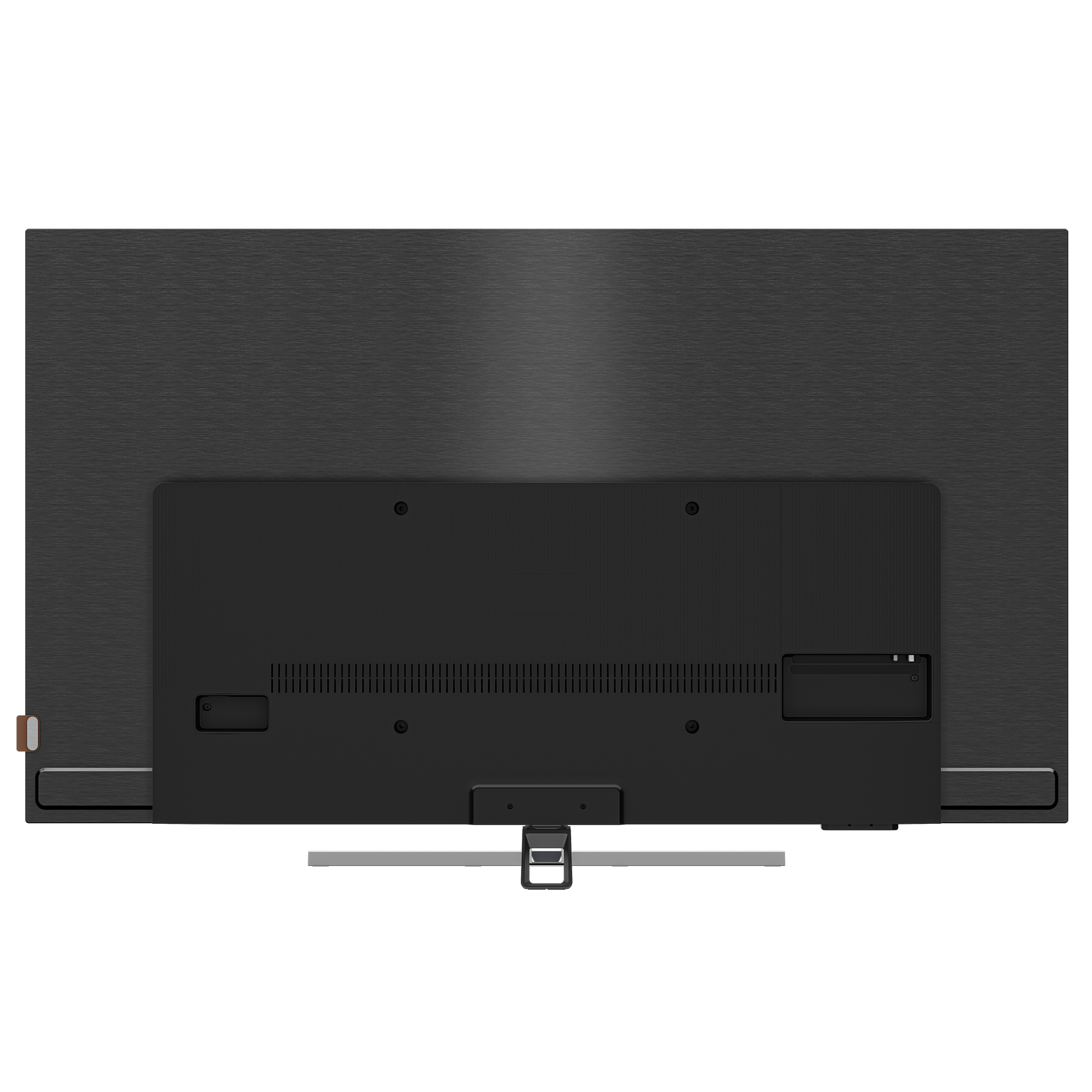 Büyük siyah bir TV'nin arkası, bağlantıları ve bir stand bağlantısı ile. Siyah arka plan.