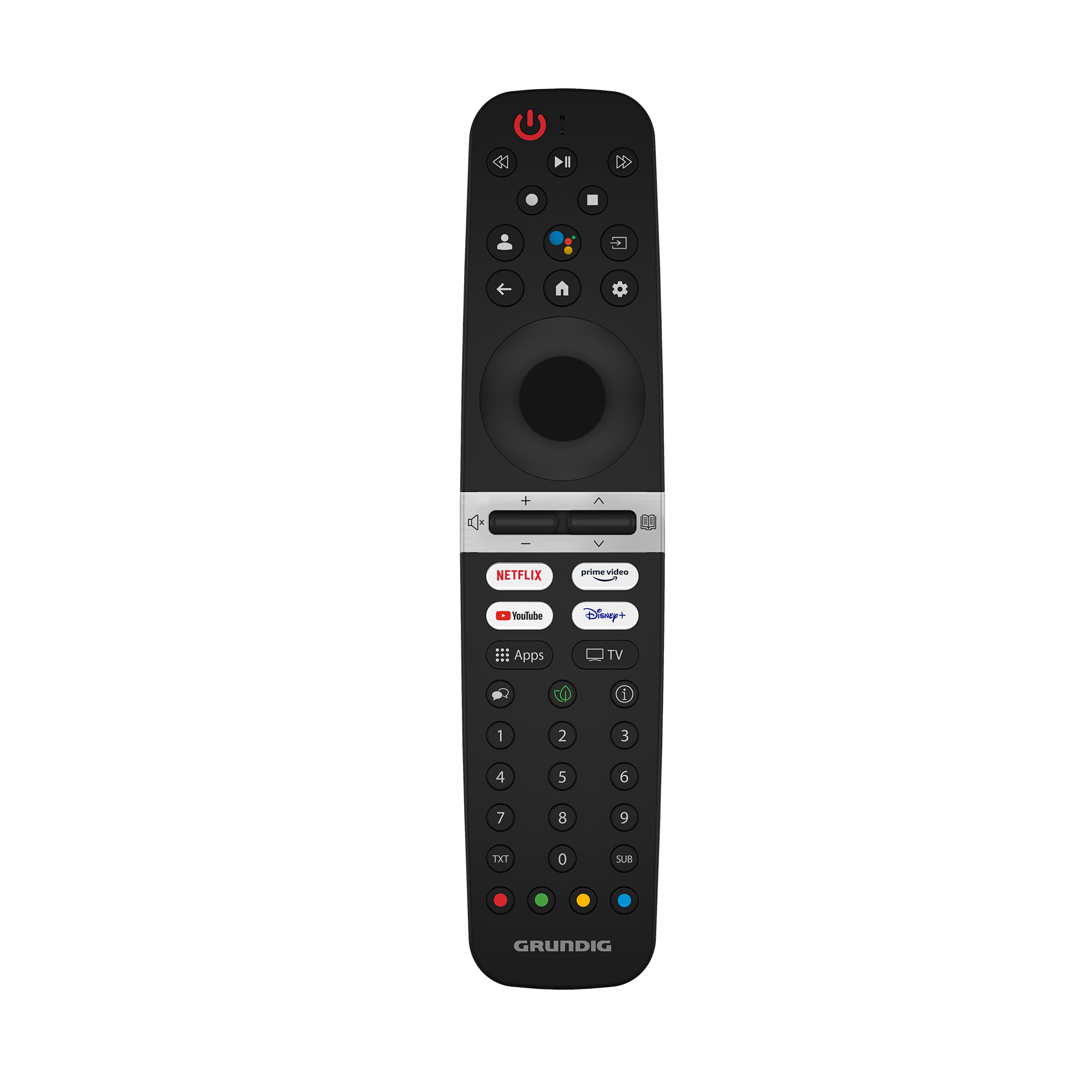 Çeşitli düğmeleri ve merkezi bir navigasyon halkası olan siyah Grundig TV uzaktan kumandası.