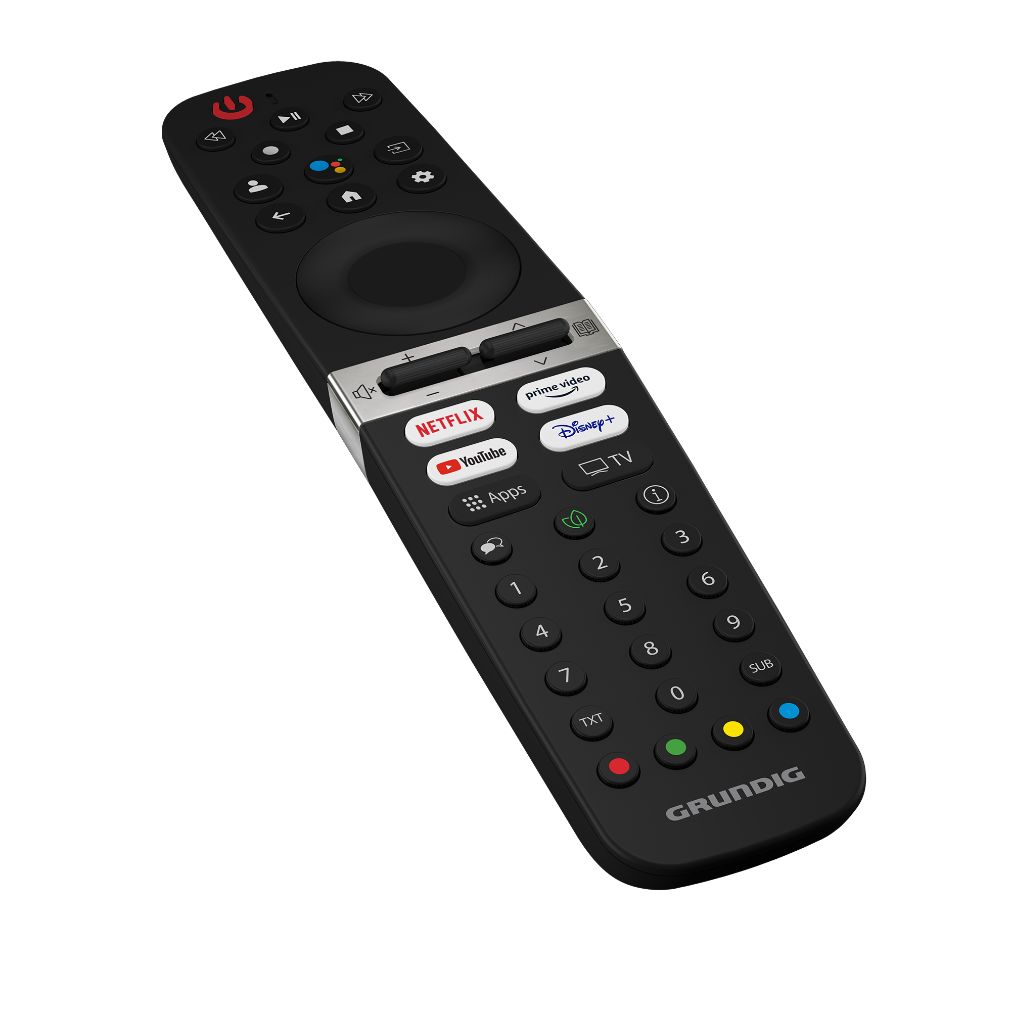 Siyah Grundig uzaktan kumandası. Açma/kapama, ses, Netflix, YouTube, Disney+, sayı tuşları ve diğer düğmeler dahil.