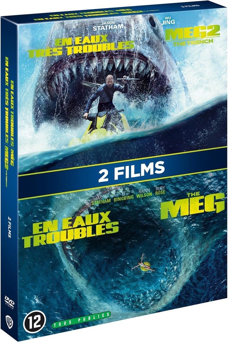 Boîtier DVD pour 'En Eaux Très Troubles 2/The Meg 2', avec un requin et Jason Statham. Fond blanc.