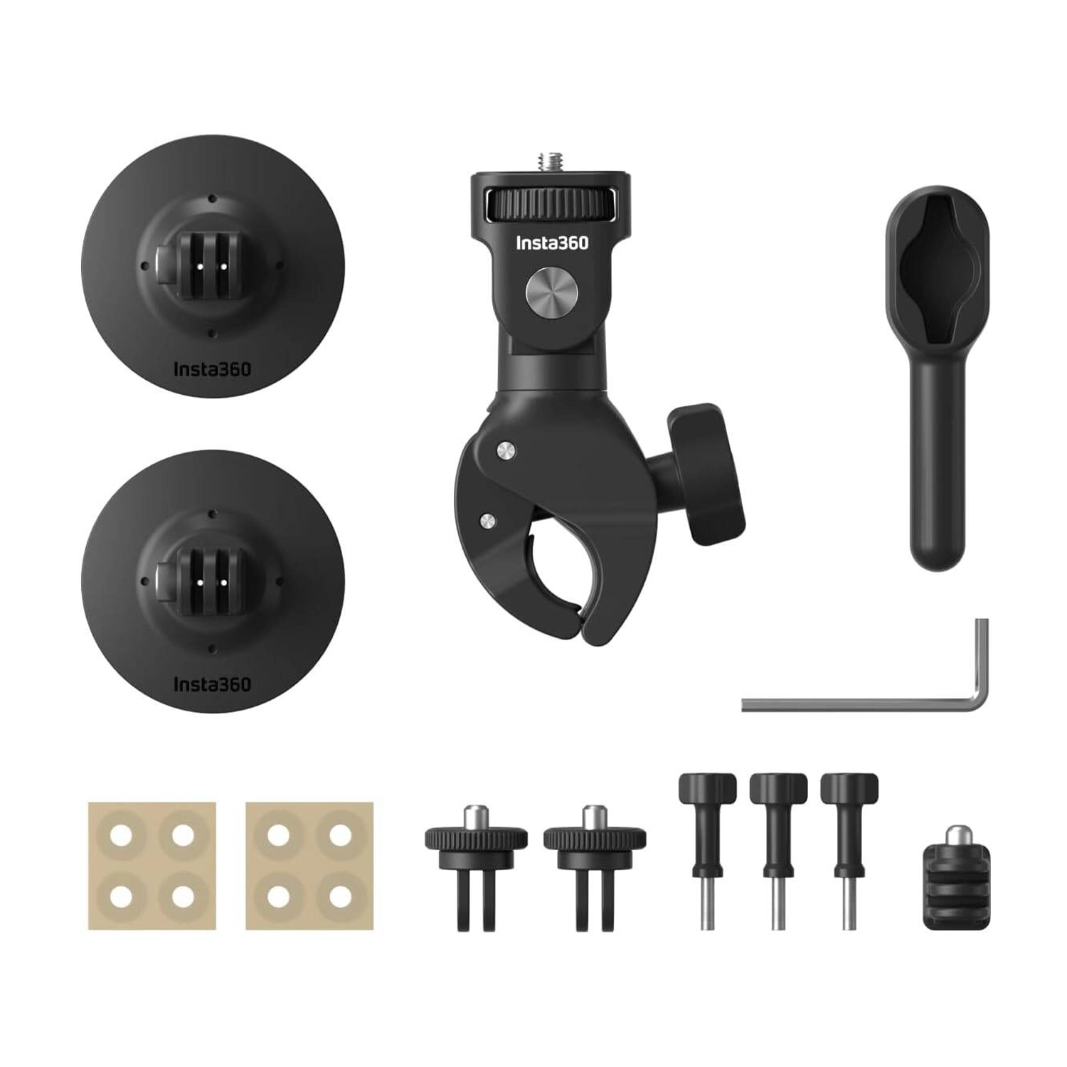 Un set di accessori neri per una fotocamera. Il set include supporti e viti.