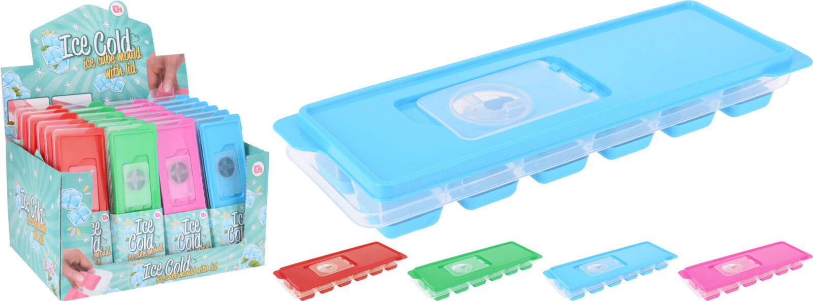 Pojemniki na kostki lodu. Jedna niebieska taca z pokrywką, pozostałe w pudełku. Różne kolory.