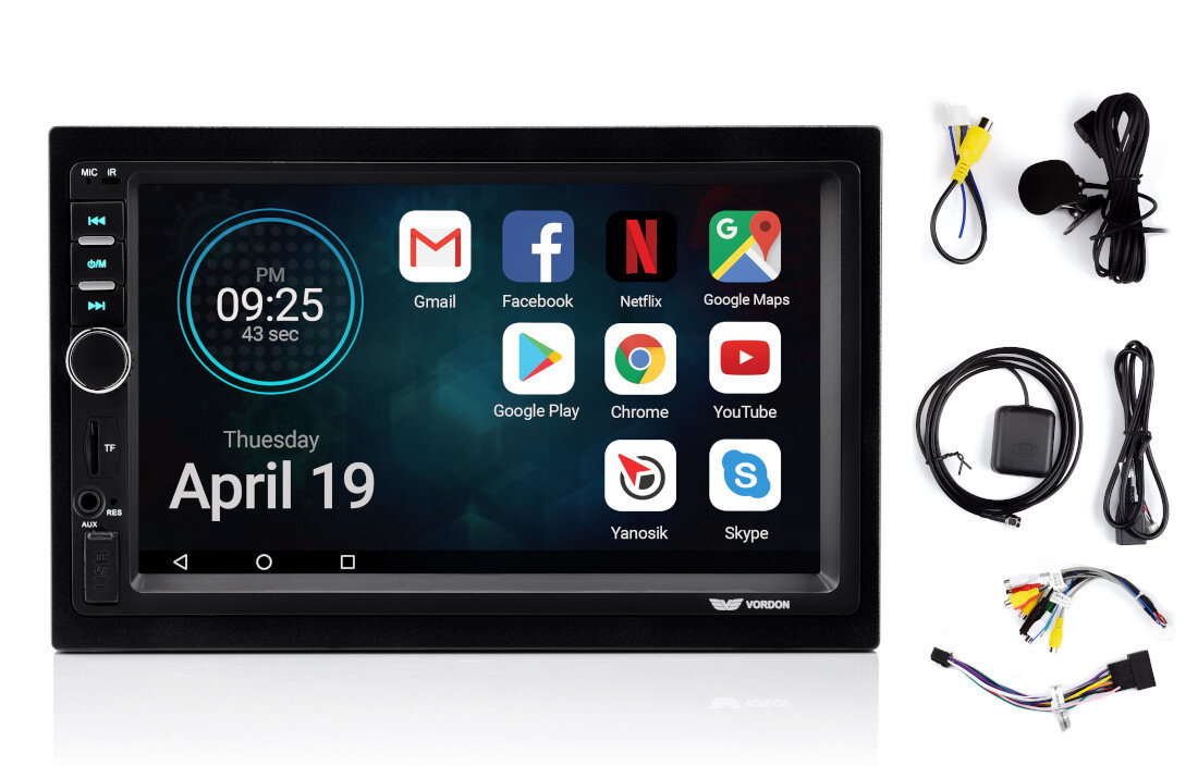 Radio samochodowe z ekranem wyświetlającym ikony aplikacji, z podłączonymi kablami i akcesoriami.