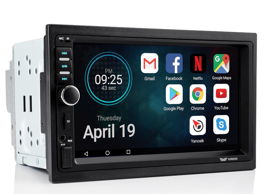 Radio samochodowe z ekranem dotykowym wyświetlającym czas, aplikacje i inne informacje.