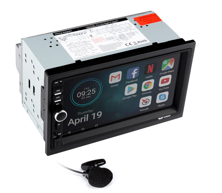Radio samochodowe z ekranem dotykowym wyświetlającym ikony aplikacji i mikrofonem.