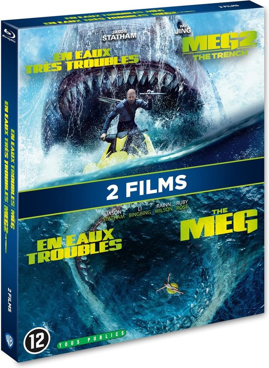 Coffret DVD du film 'Meg 2: The Trench'. La couverture montre un requin attaquant un bateau.