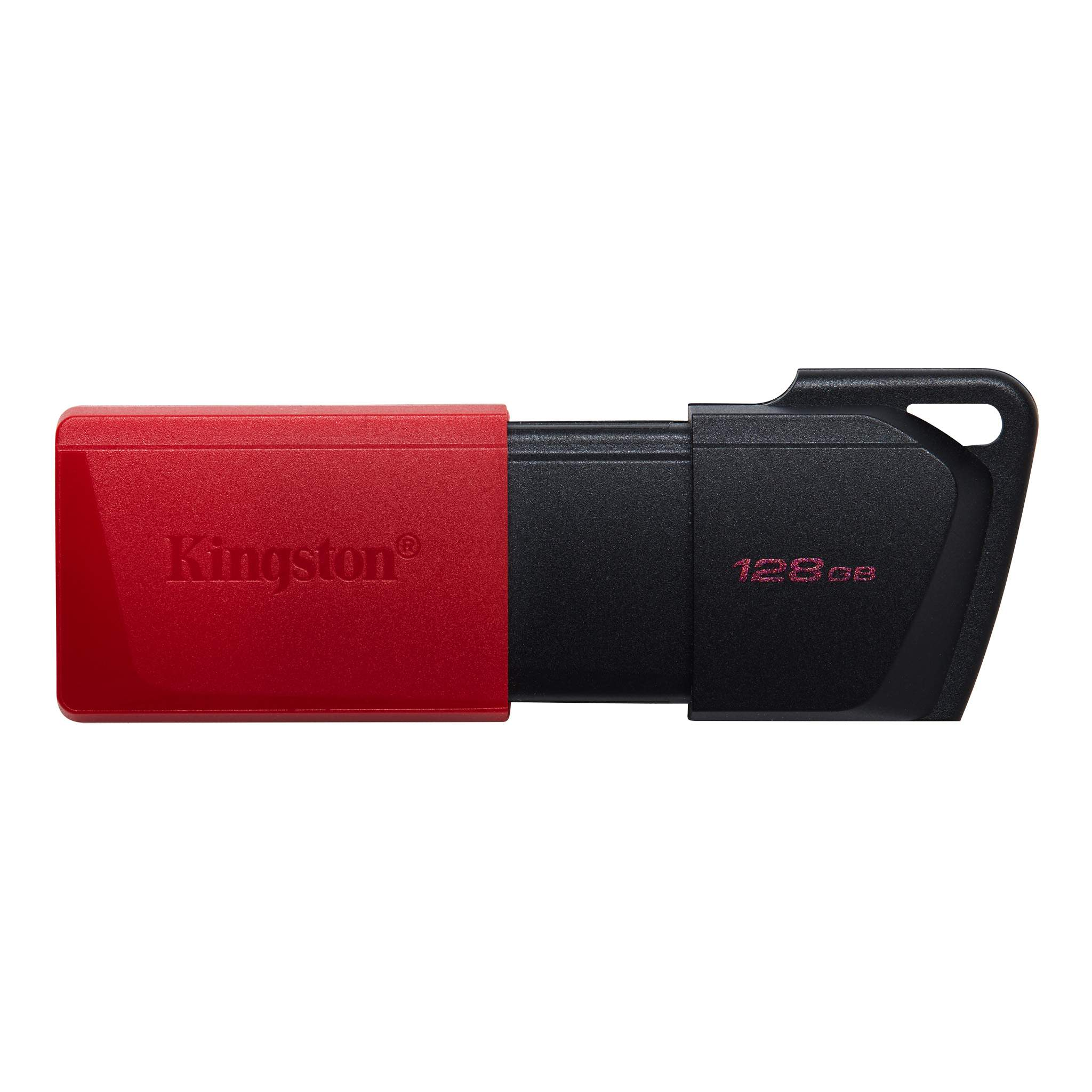 Kırmızı ve siyah bir Kingston USB sürücüsü. Kırmızı kısımda marka adı var. Siyah kısımda 128 GB yazıyor.