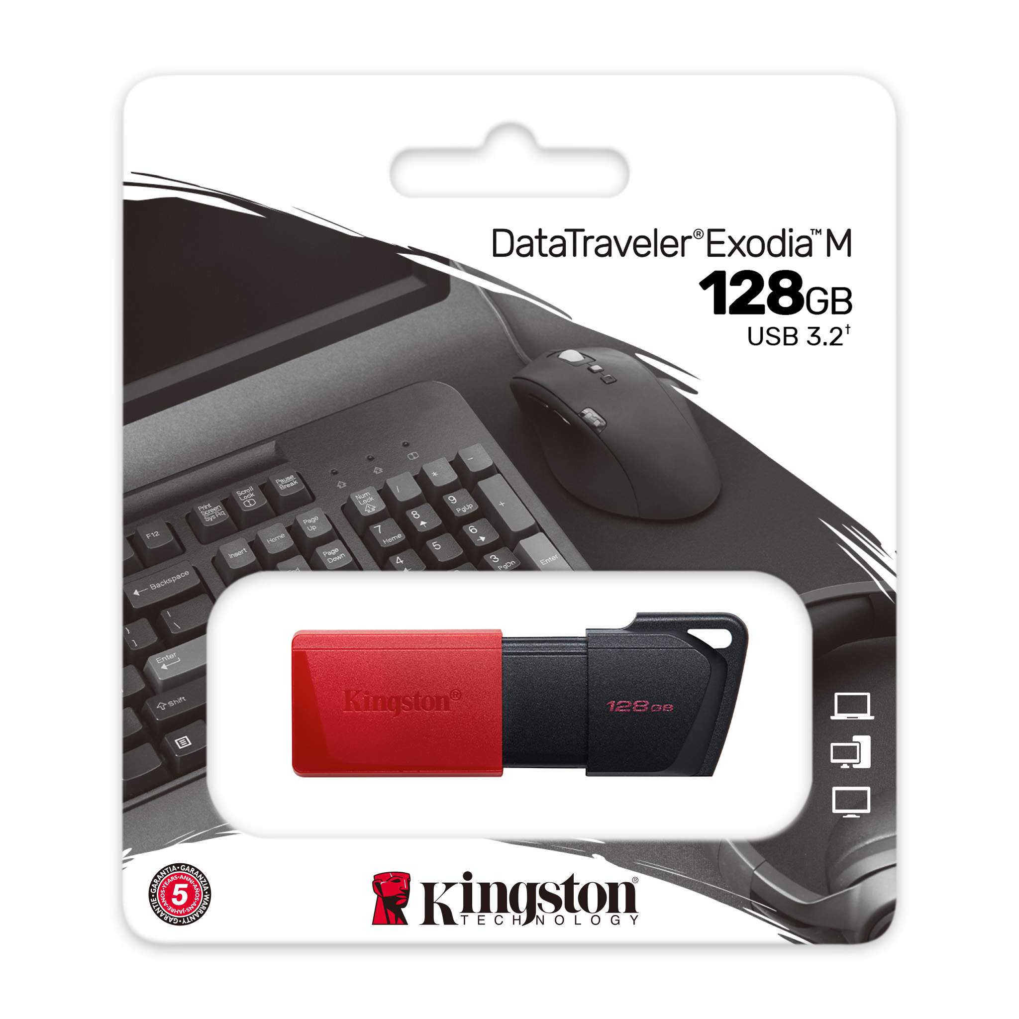 Bir Kingston DataTraveler USB sürücüsü ambalajında. Bir klavye ve fare paketin arkasında.