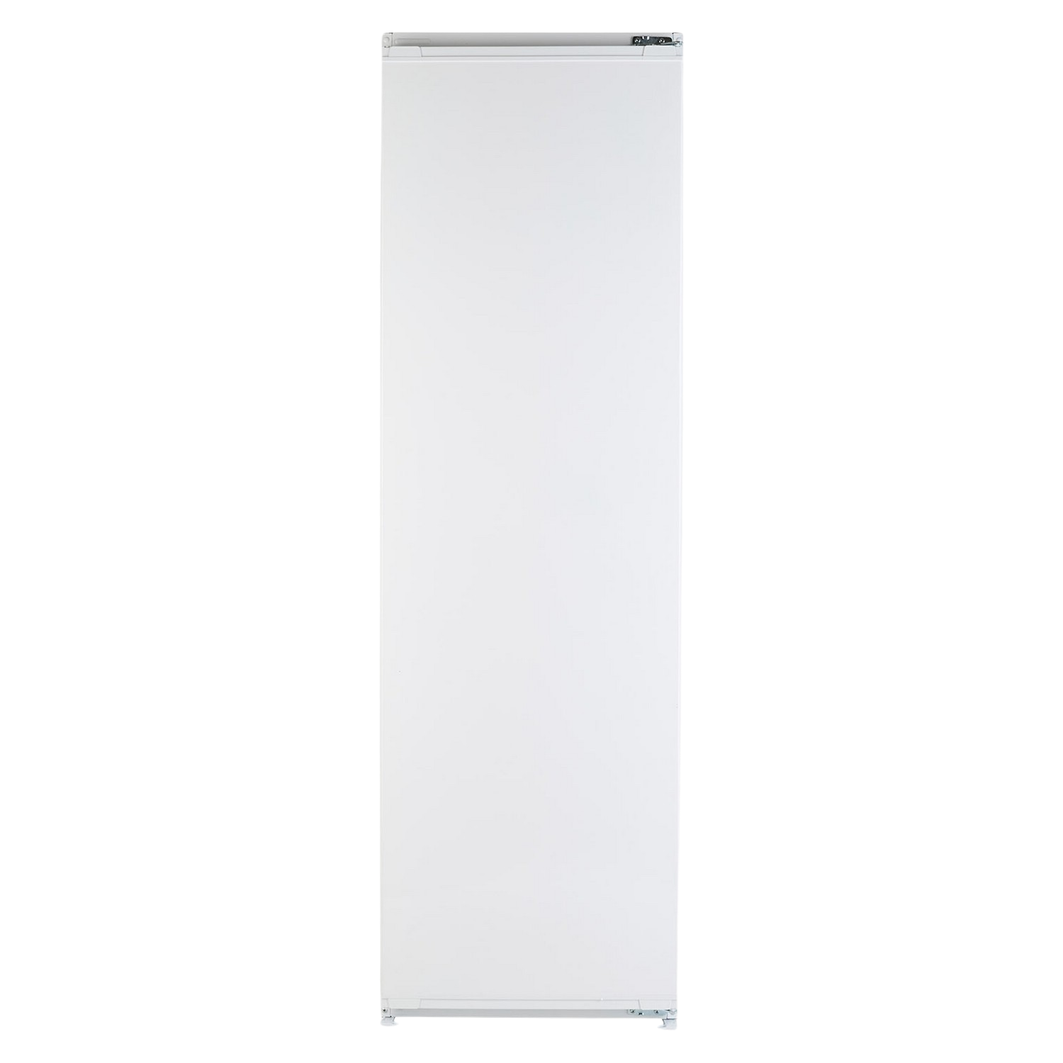 Réfrigérateur blanc et haut. Design simple, porte avec poignée. Fond noir.